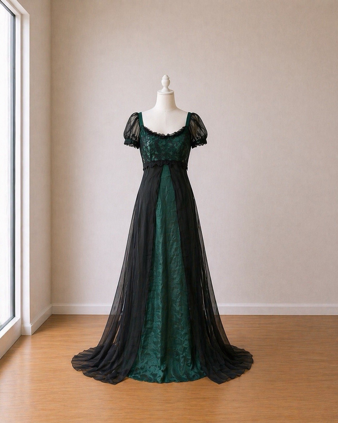 Vintage Dress Loralie Green Black Lace Bodice Sheer Overlay Dress 12