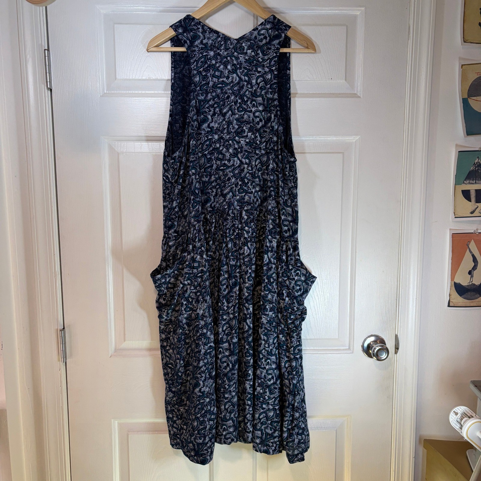 Tarazzia Sport Vintage Rayon Abstract Print Drop Waist Pocket Dress Navy Teal M