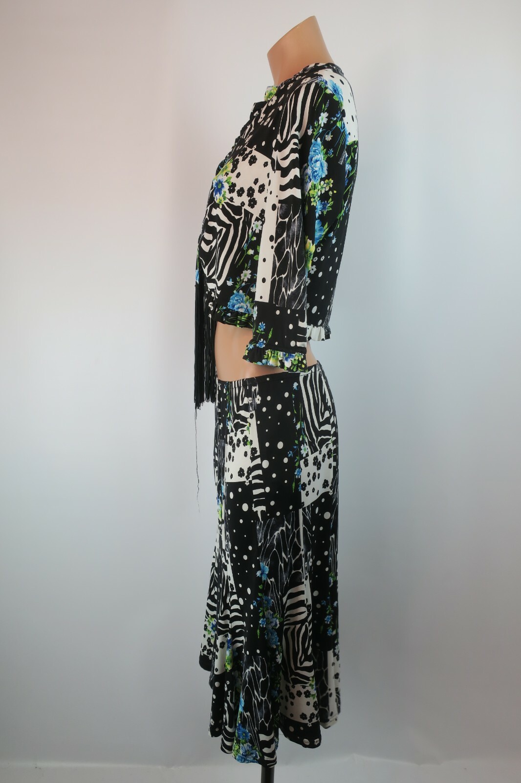 VTG JOSEPH RIBKOFF Skirt Fringe Floral Cover-Up Jumpsuit 2pc Playsuit Crop-top