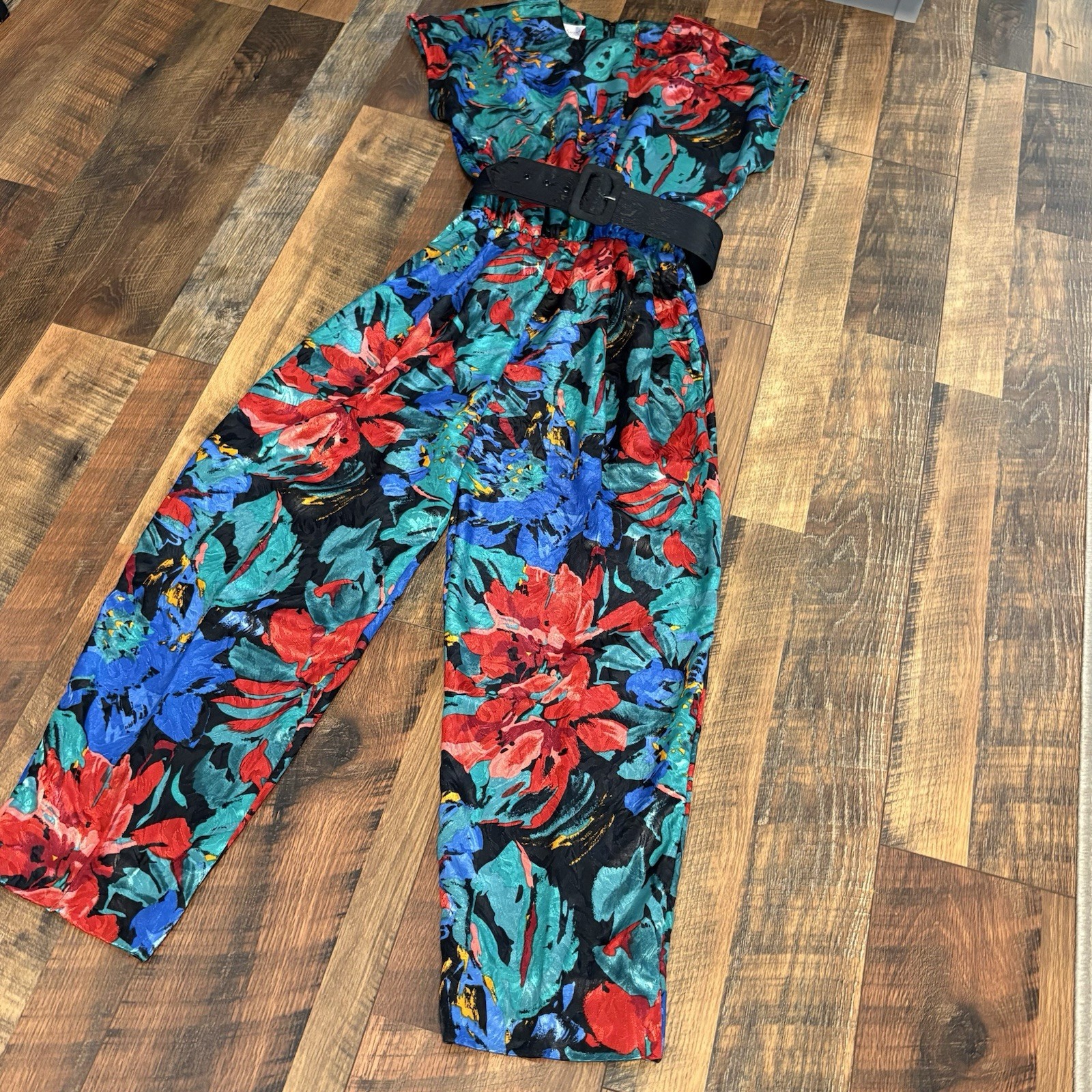 VTG Anthony Sicari 3pc Jacket Jumpsuit Belt Silky Womens 8 Petite Retro Hippie