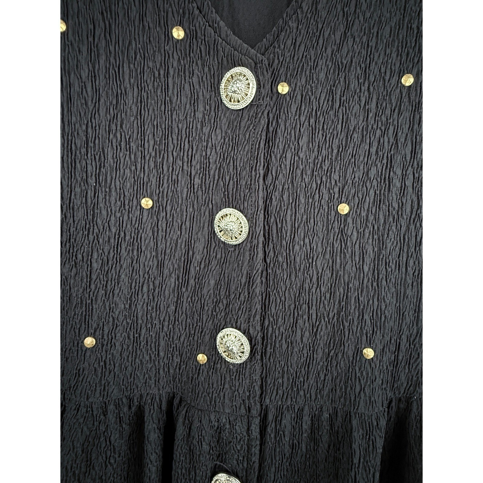 A3 Maxima Dress Sunburst Buttons Midi 1990s Vintage Studded Crinkle Black