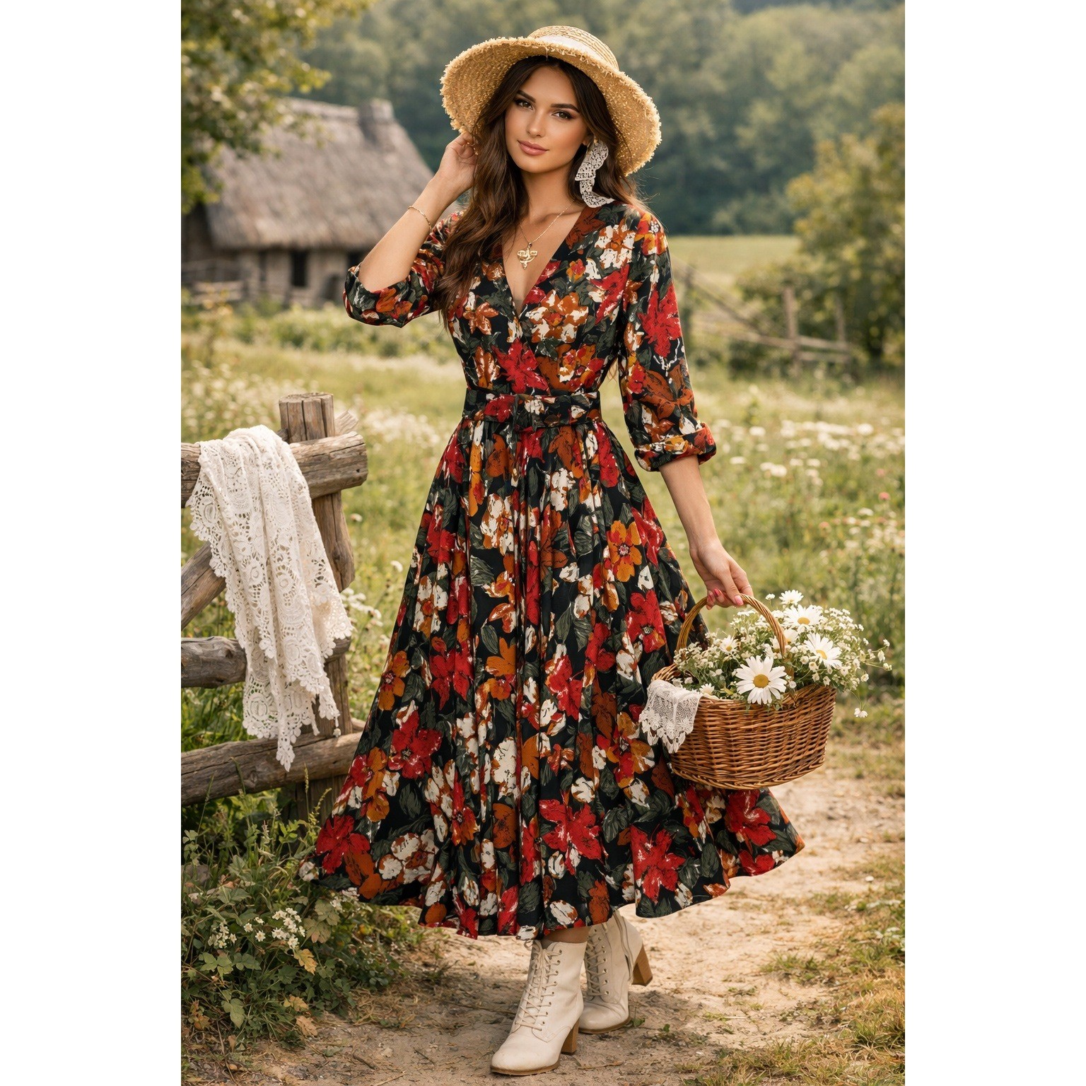 VTG Studio I Maxi Dress Womens 12 Black Floral Cottagecore Boho Retro Fall Cozy