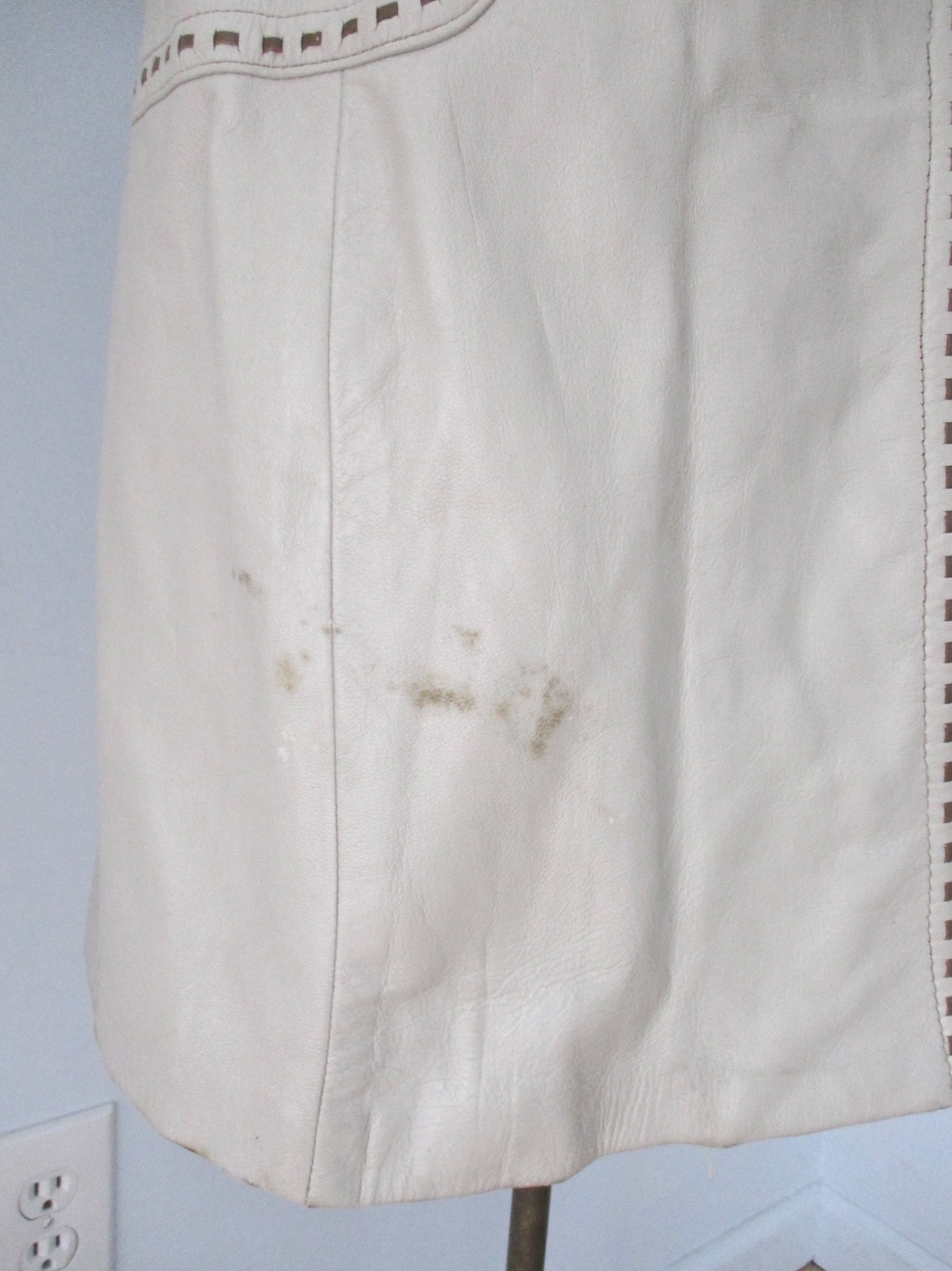 Vtg 60s gray leather trench coat brown lattice trim square buttons pockets 10