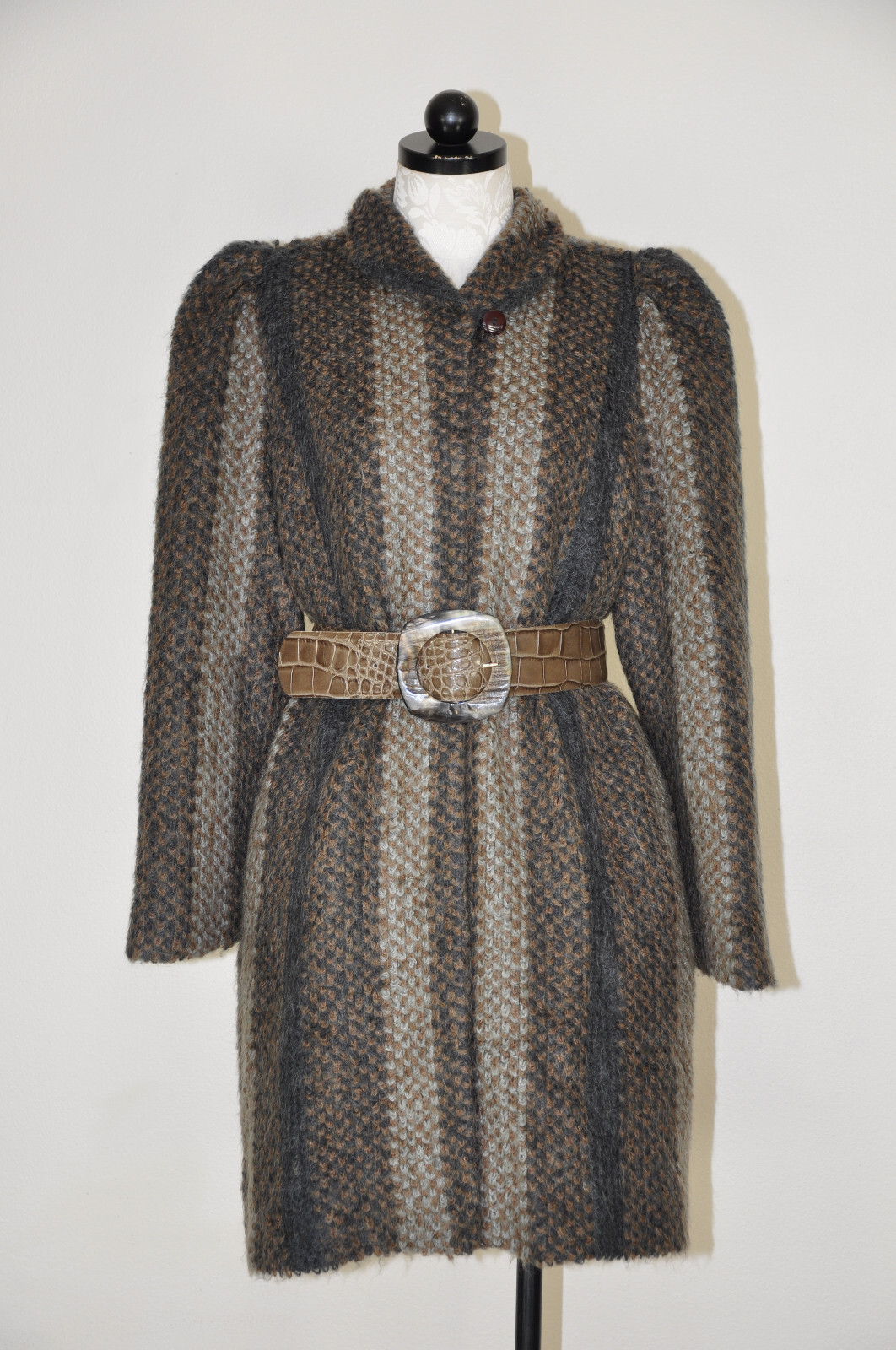 Vintage 80s Gray Wide Stripe Wool Boucle Loop Knit Puff Sleeve Wrap Coat Women M