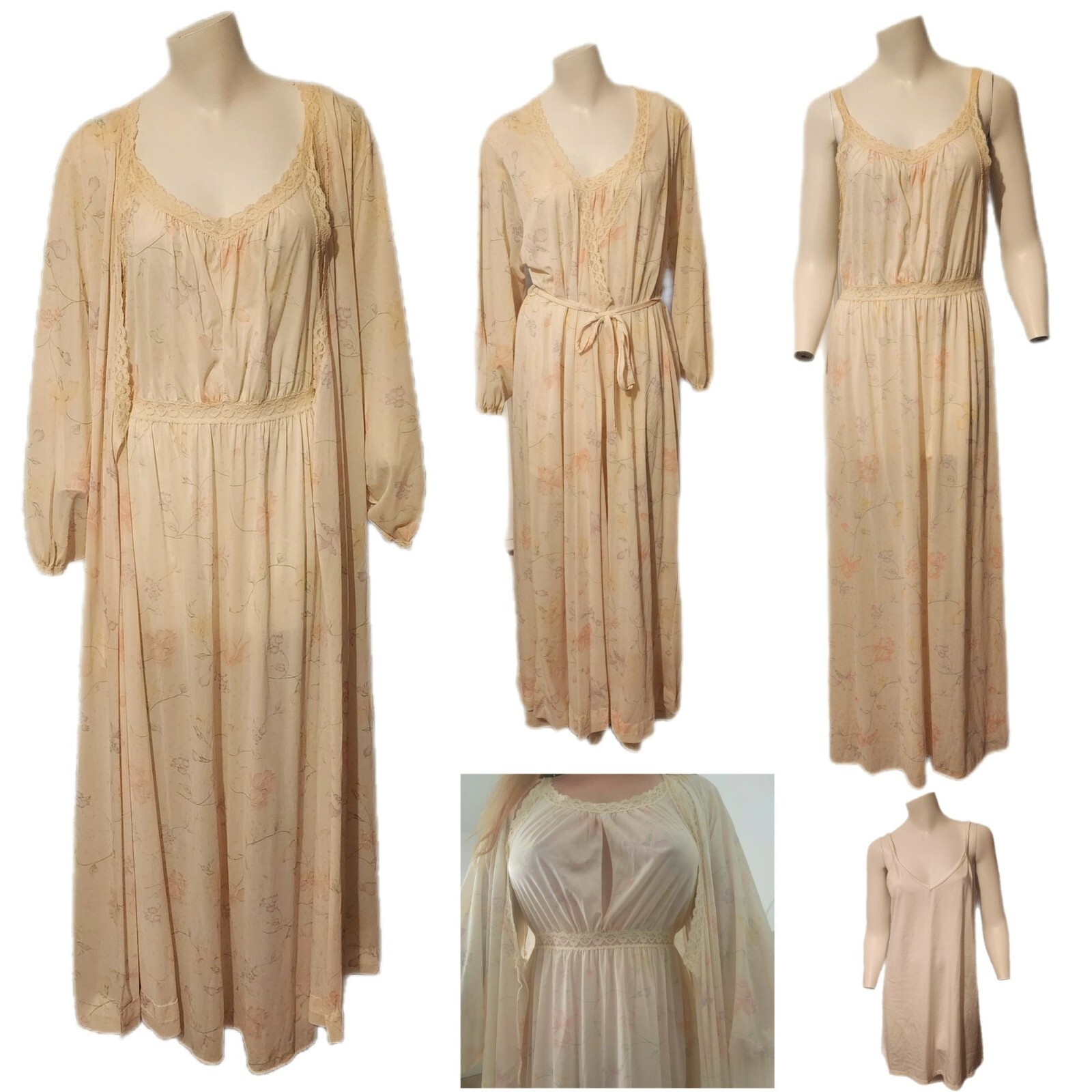 Vintage Miss Elaine 2pc Peignoir Silky Nightgown and Robe Set Sexy Lingerie S M