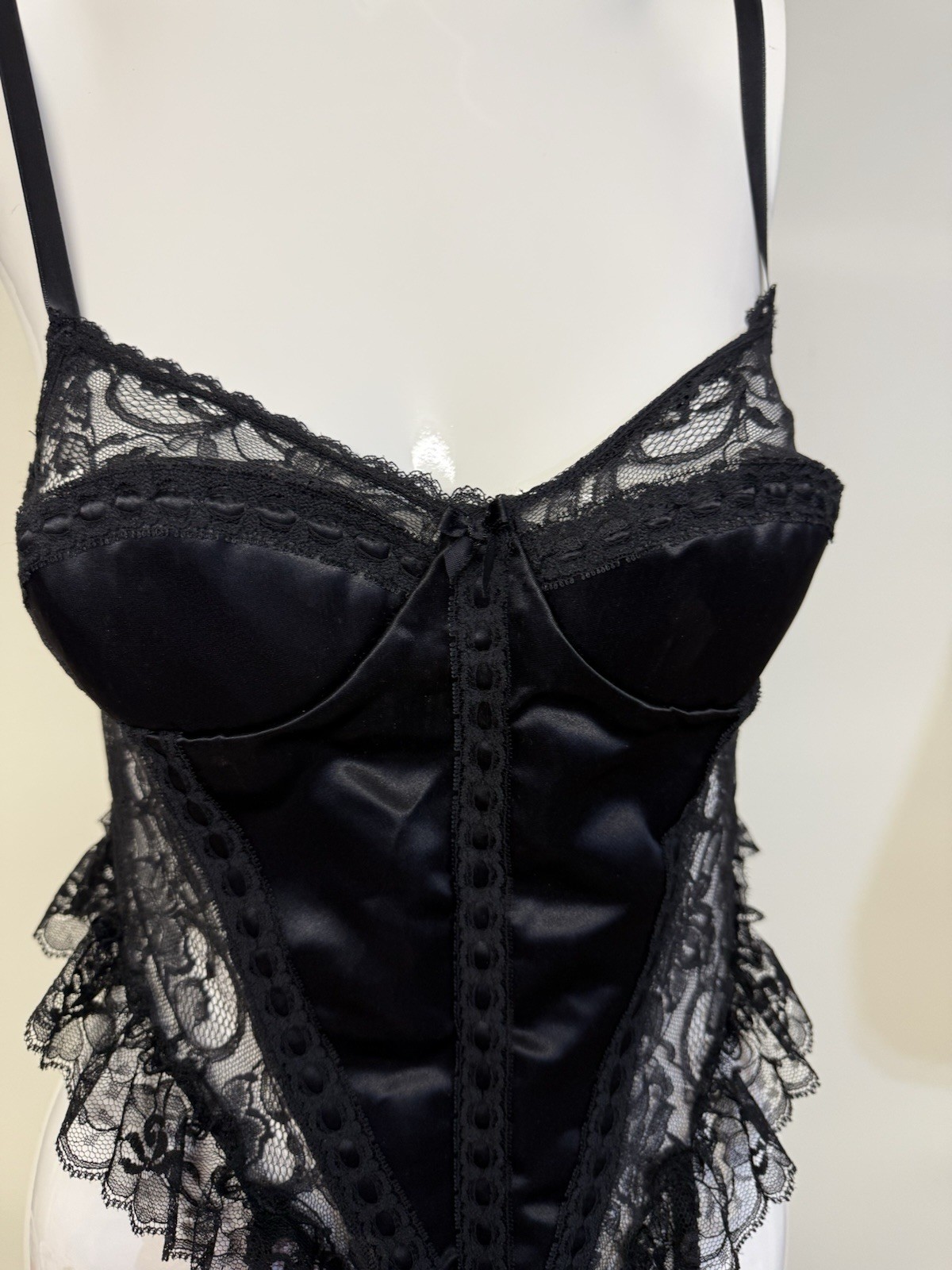 Vintage Intimo Amore Black Lace Bustier Satin Corset Top Lingerie Garter Sz Medi