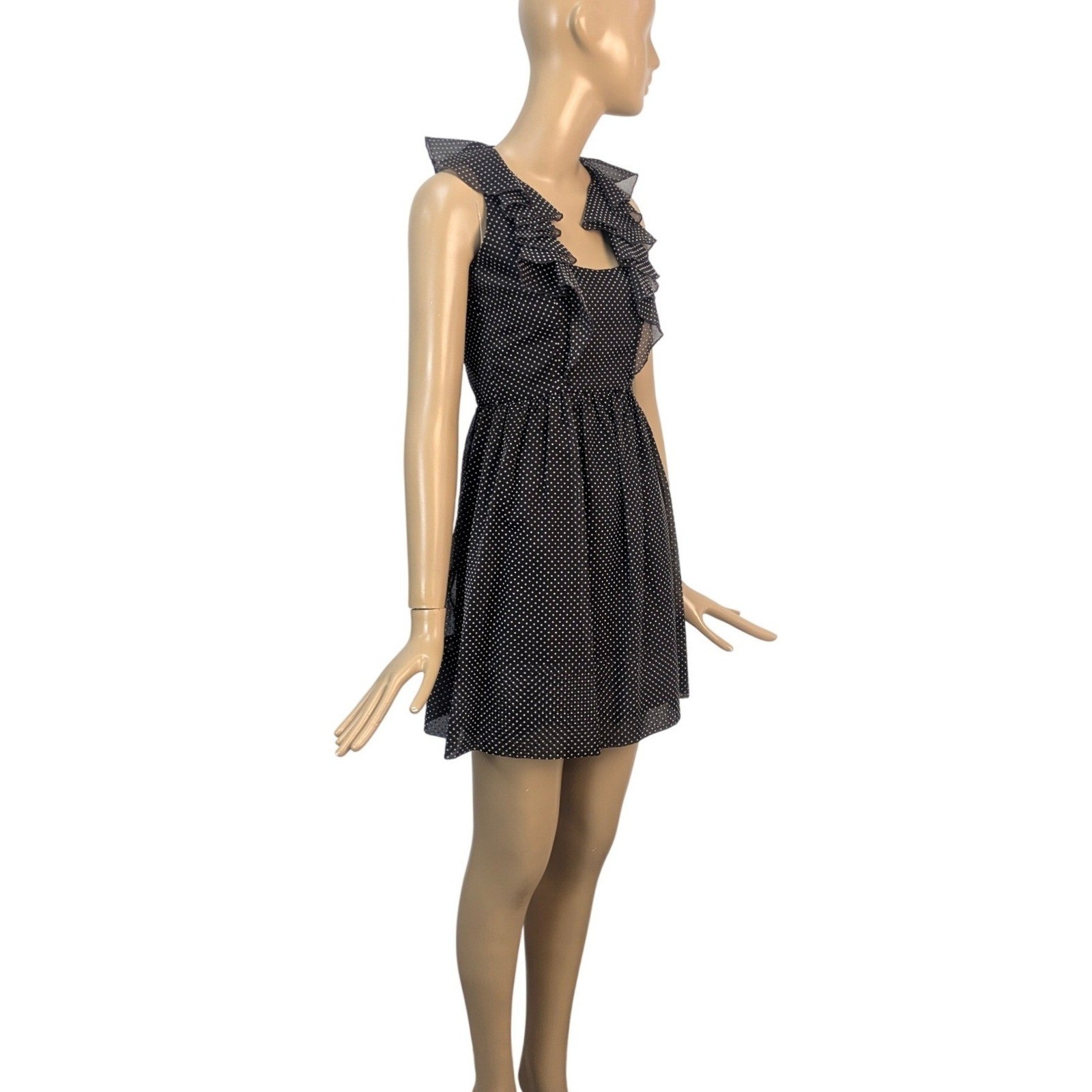Vintage 60s Rodrigues Chocolate Brown Mod Polka Dot Ruffle Neck A-Line MiniDress