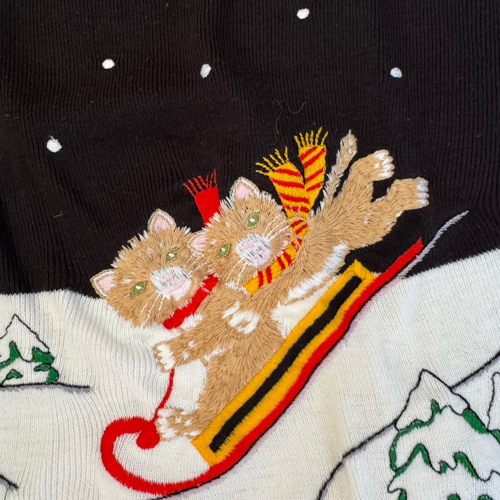 Vtg Cyn Les Novelty Sweater Wmns Sz 44 XL Cats Sleigh Snow Embroidered Holiday