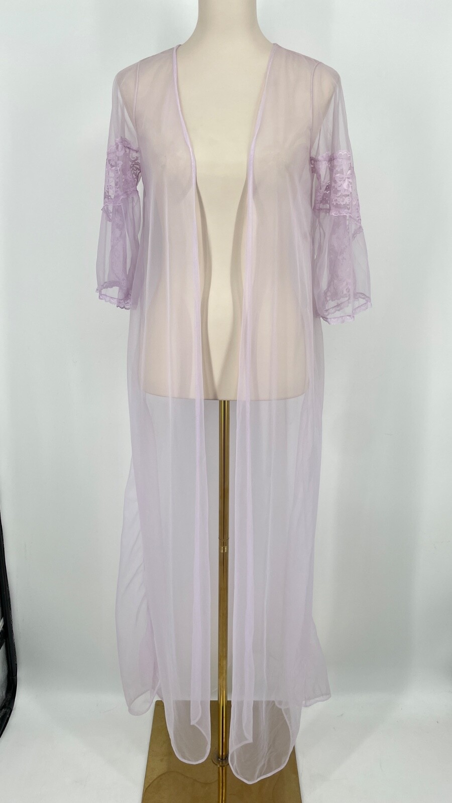 VTG size S/M Lace/Chiffon Long Nightgown robe open front 100% Nylon lilac 1960s