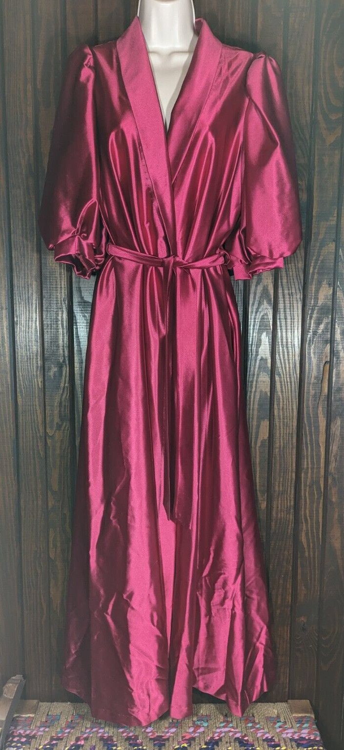 MISS ELAINE VTG 80Ss Rose Pink Satin Long Robe Puffy Sleeves Wrap Belt MED