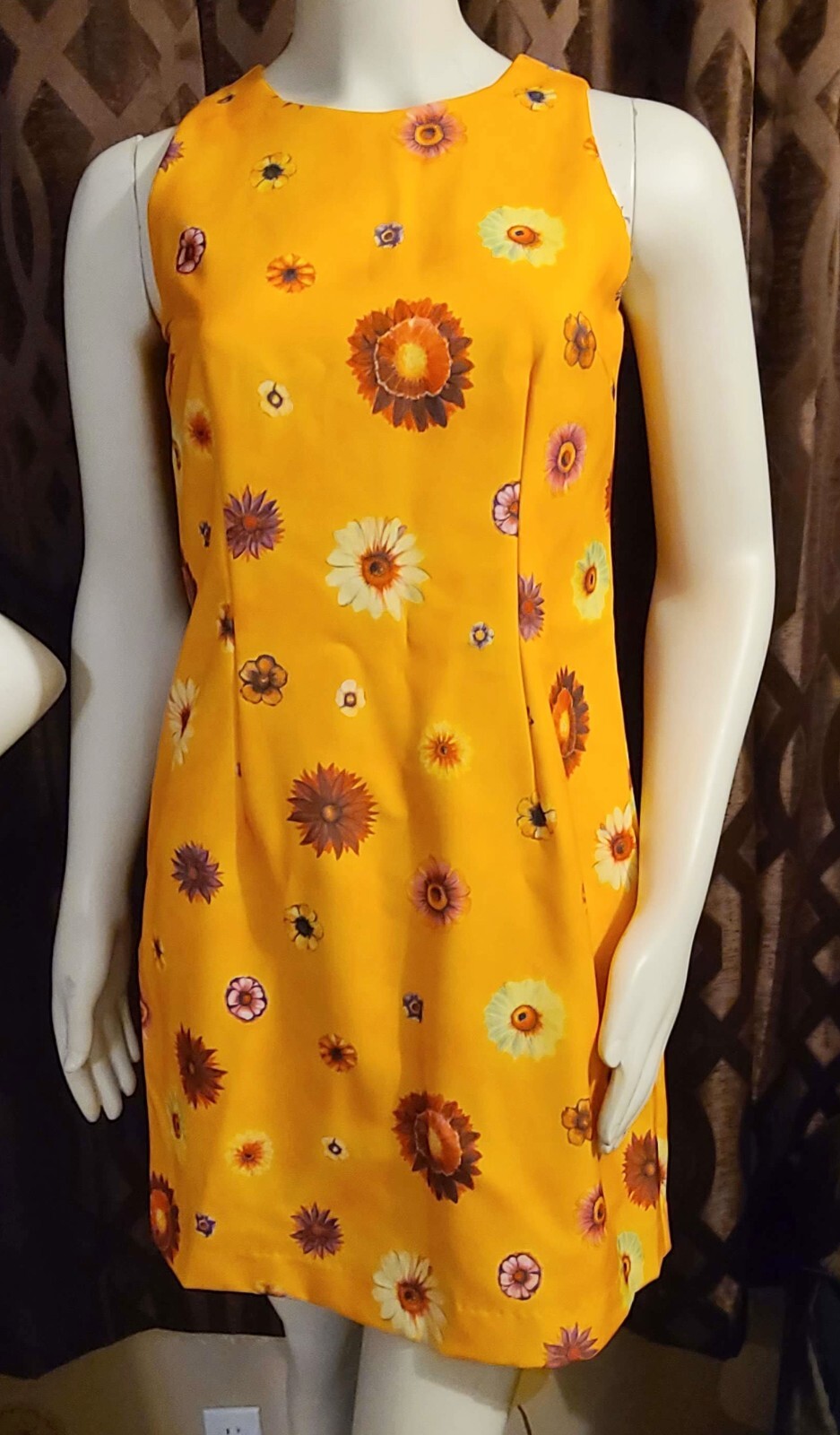 Vintage 90s Brand Explosion Yellow Flower Power Retro 70s Shift Dress Size S/M