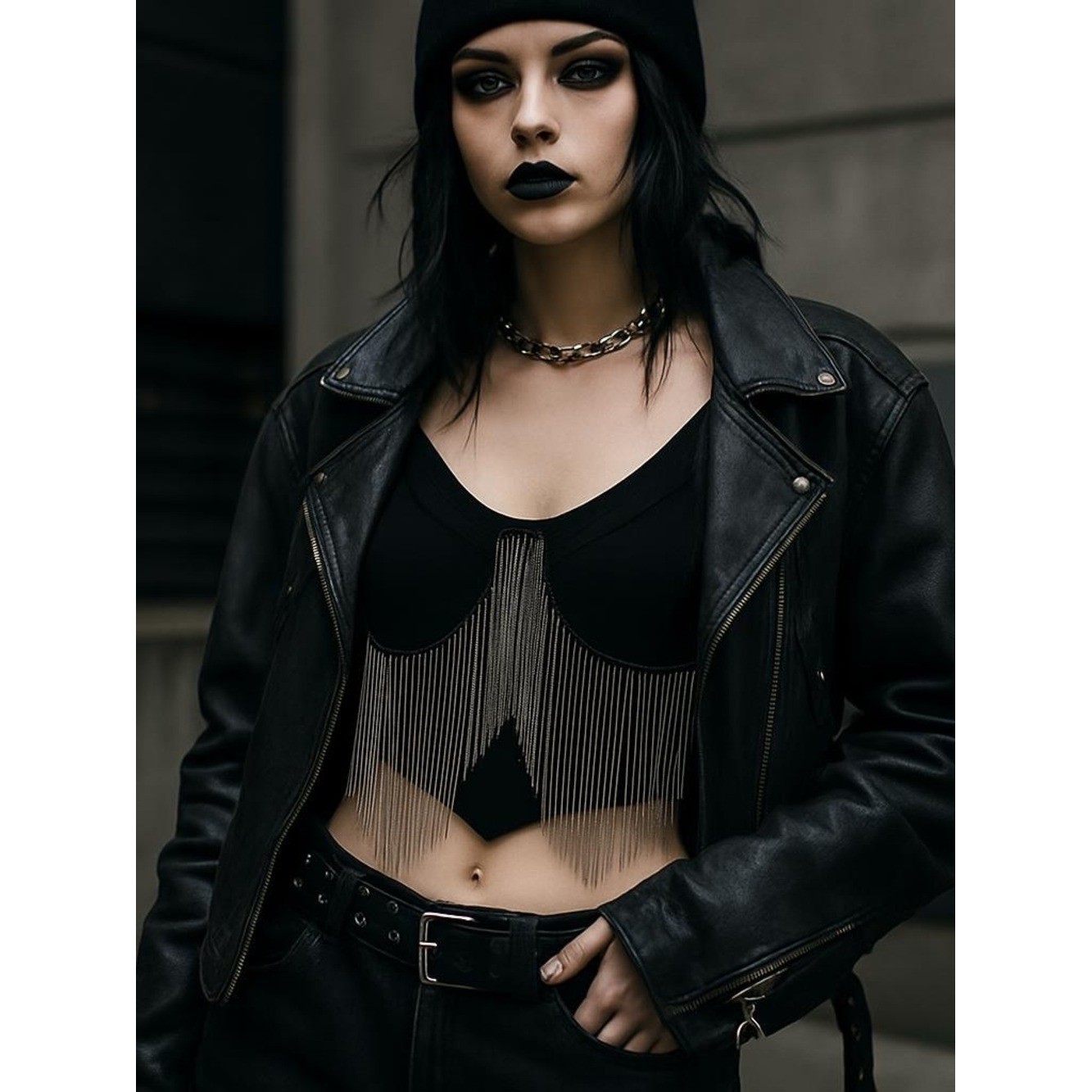 Chain Fringe Trim Cami Top Black Streetwear Goth Grunge Festival Size 4XL