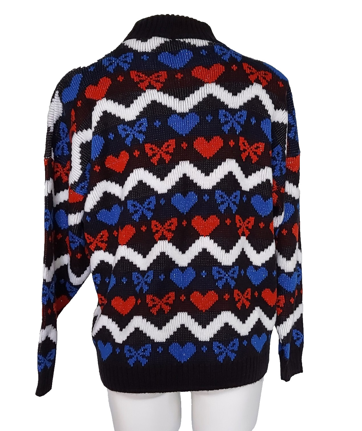 Vintage 1980s Chava! Hearts and Bows Zig Zag Striped Mock Turtleneck Sweater USA