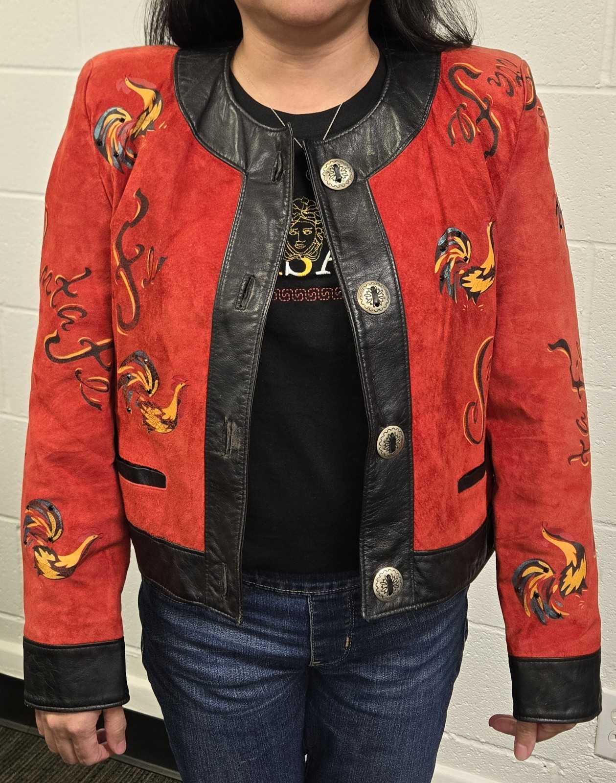 Vtg CHAR Santa Fe USA Red Suede Western Jacket Hand Painted Roosters Medium