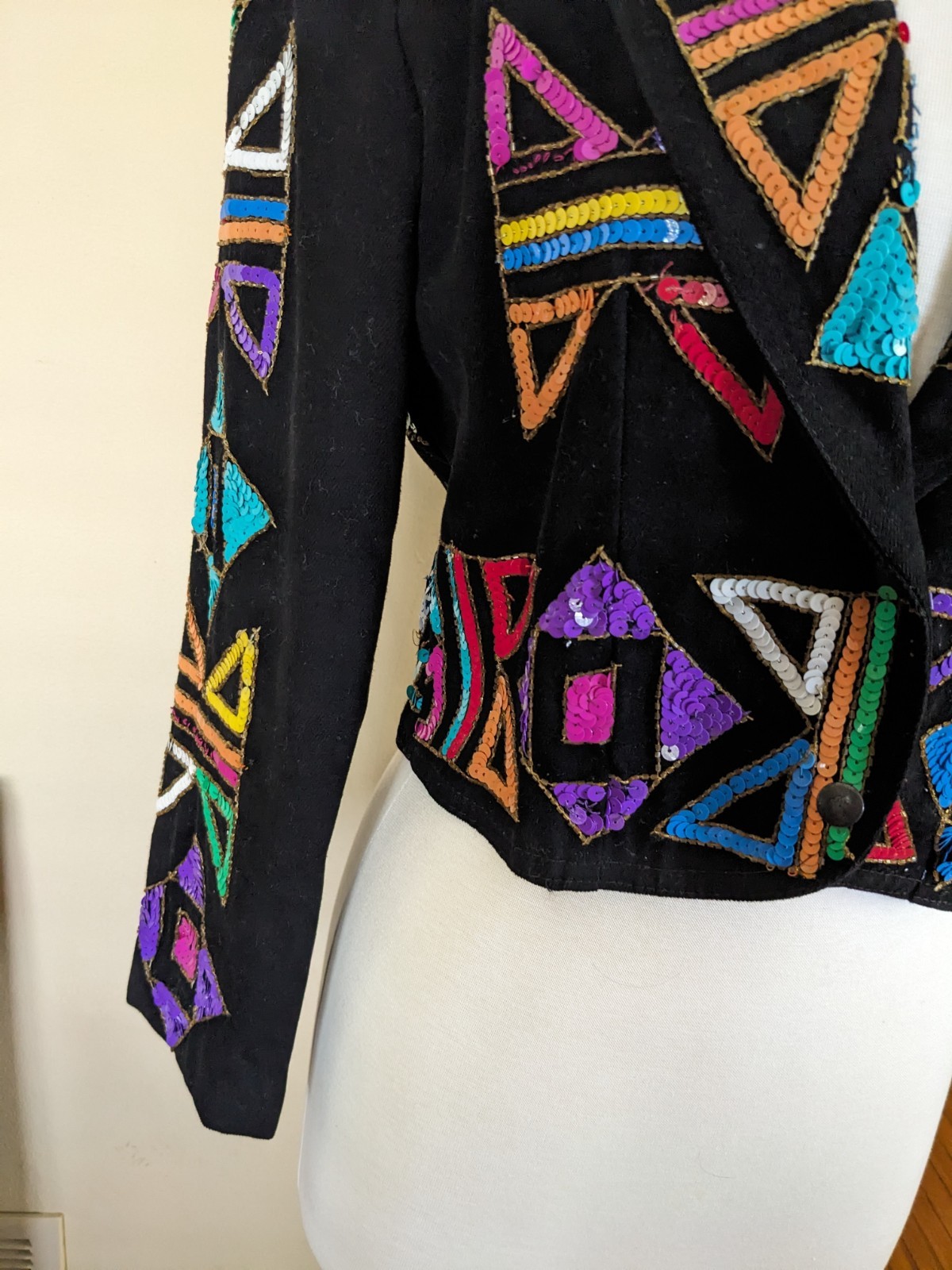 Vintage 1980s Modi Sequin Geometric Blazer Sz S Aztec Tribal Cotton Blend Jacket