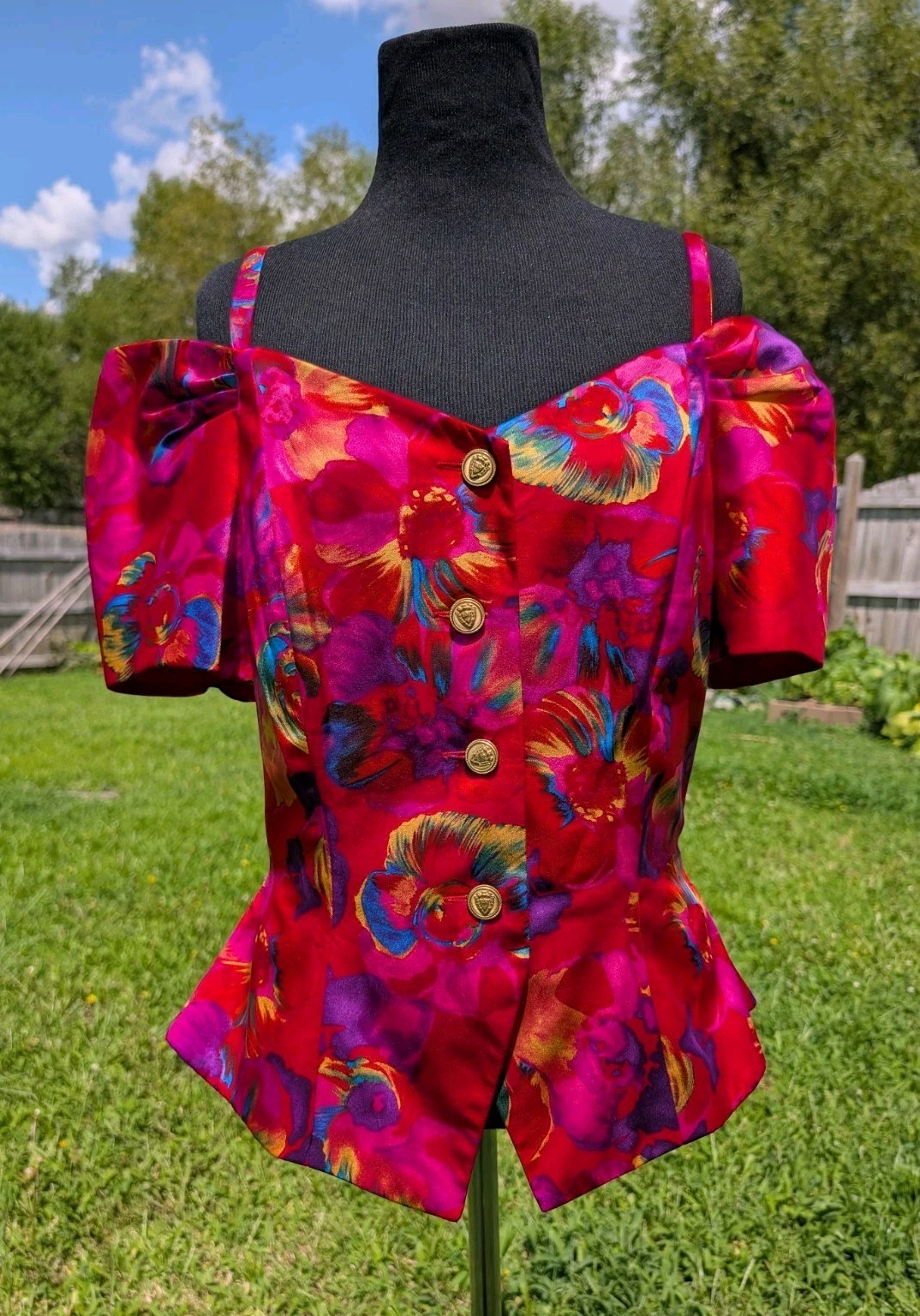 VINTAGE AJ BARI PETITES 100% SILK FLORAL OFF SHOULDER PEPLUM BONED TOP SIZE 12