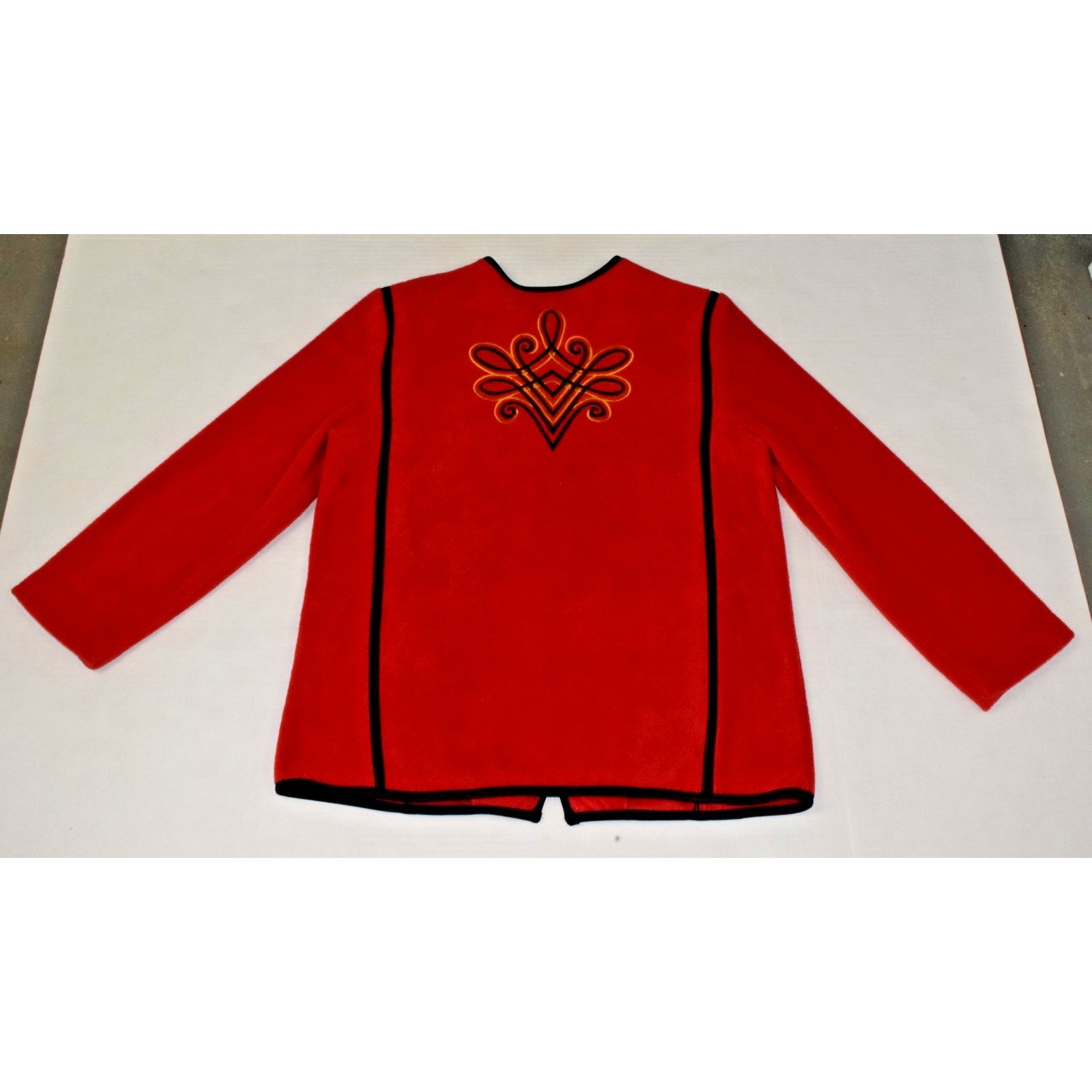 Vintage Bob Mackie Fleece Jacket Wearable Art Size M 90s Cherry Red Black Trim