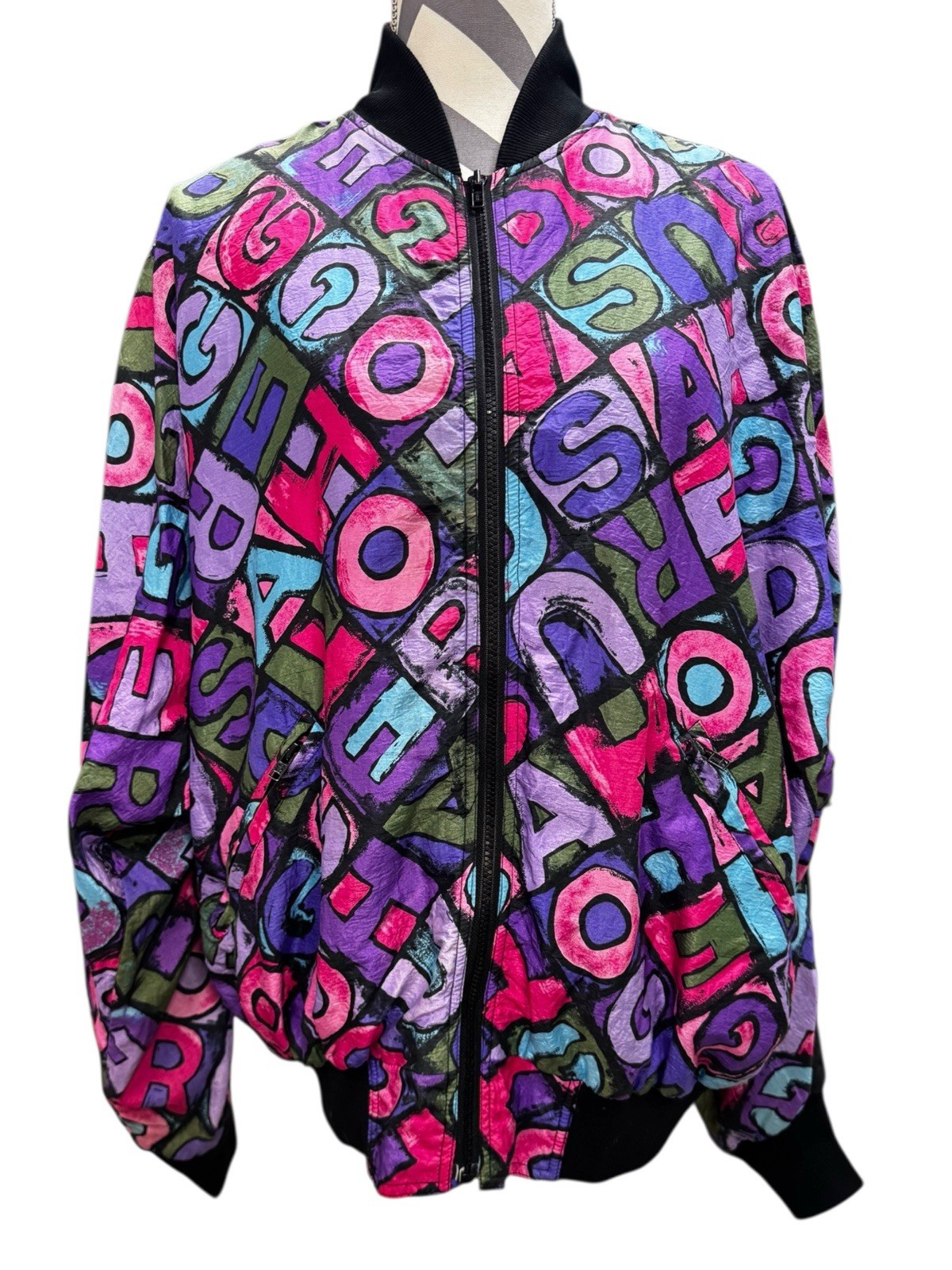 Vintage 80’s Hotdogger Windbreaker Size M Colorful Alphabet Pattern Great Shape!