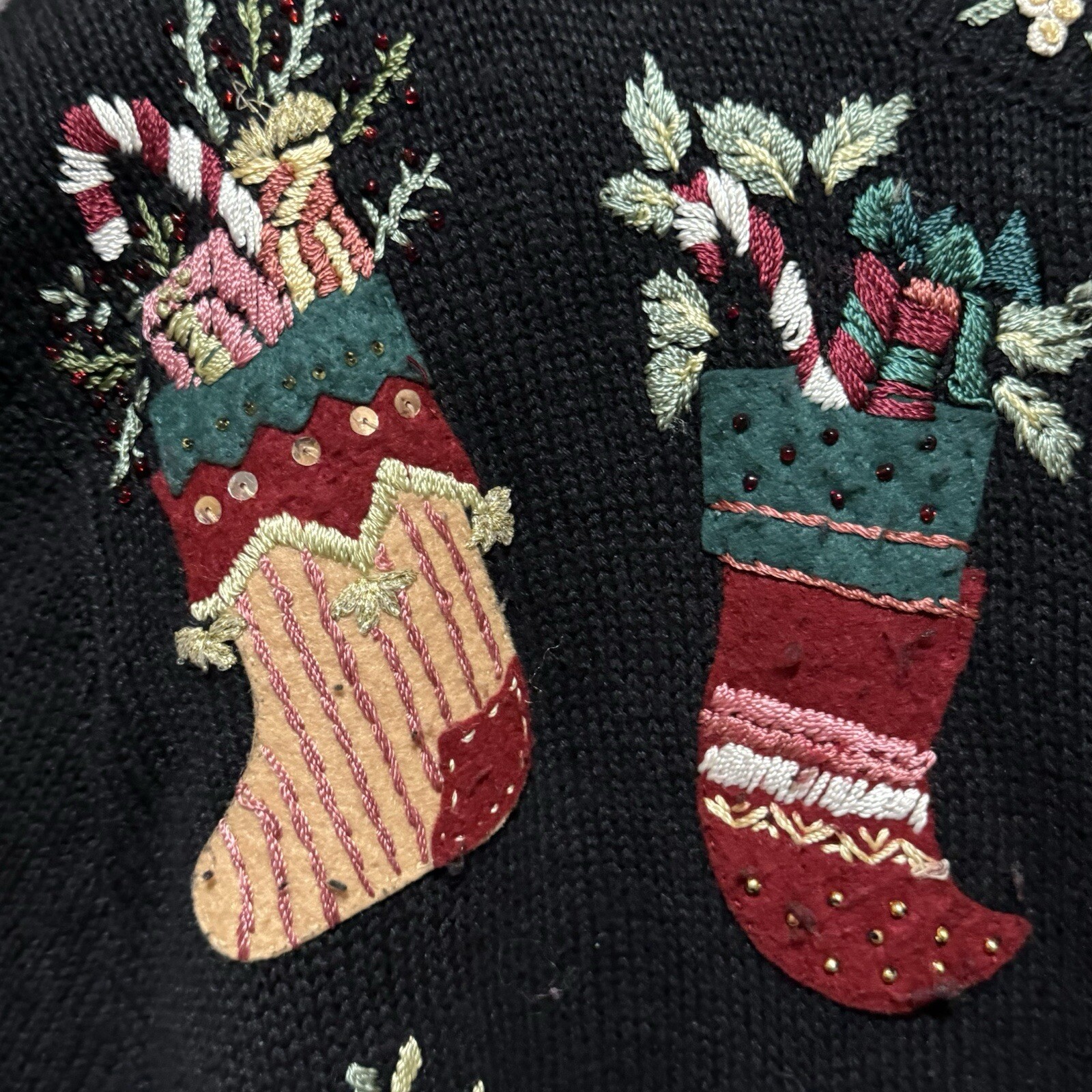 Stitches In Time Cardigan Sweater Stockings Holiday Christmas Black Size 1X Vtg