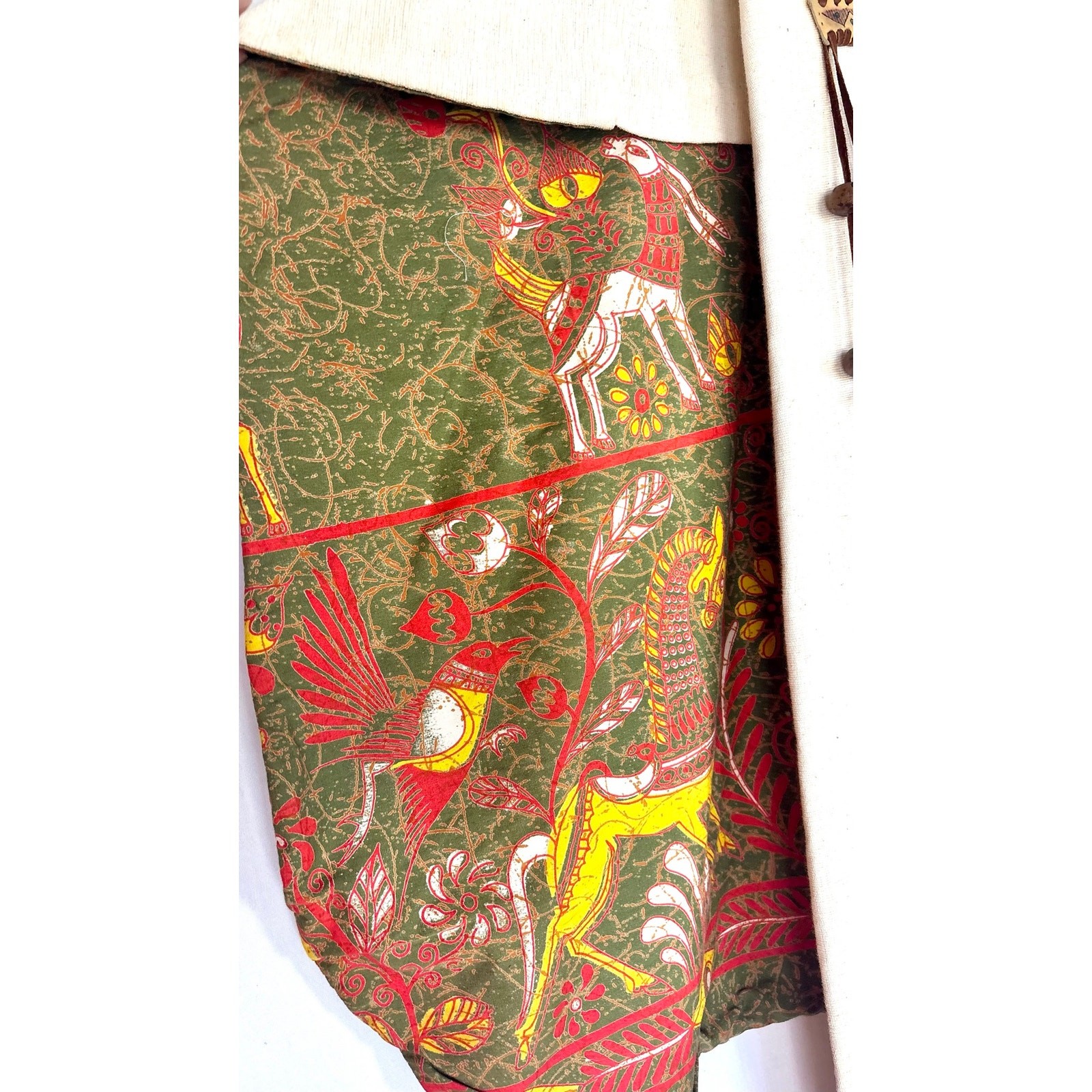 Vintage 1970s Barbara Matamoros Canvas Cape Dress African Barkcloth Print