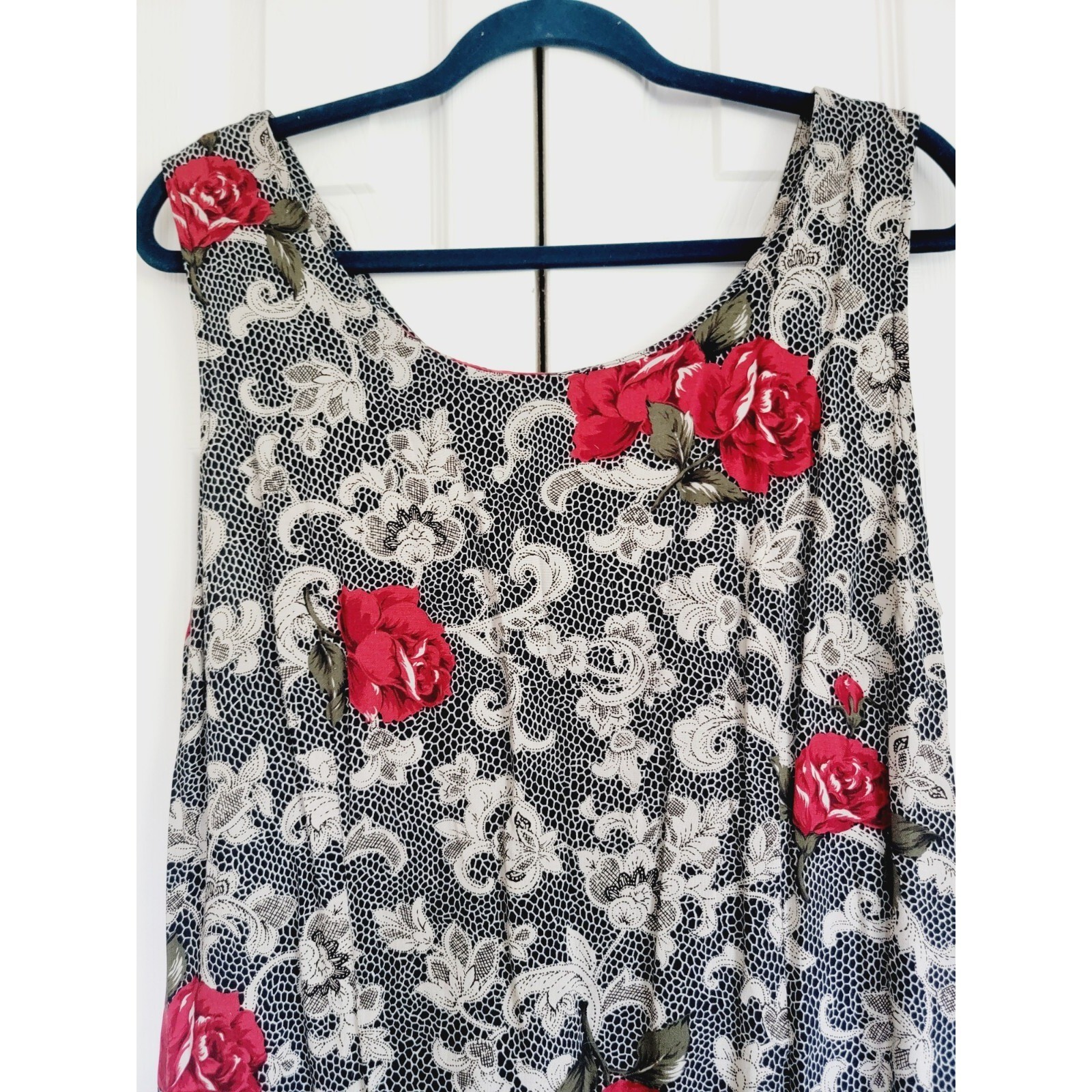 Expressions 14 Vintage Maxi Dress Red Rose Lace Print Sleeveless Rayon Y2K