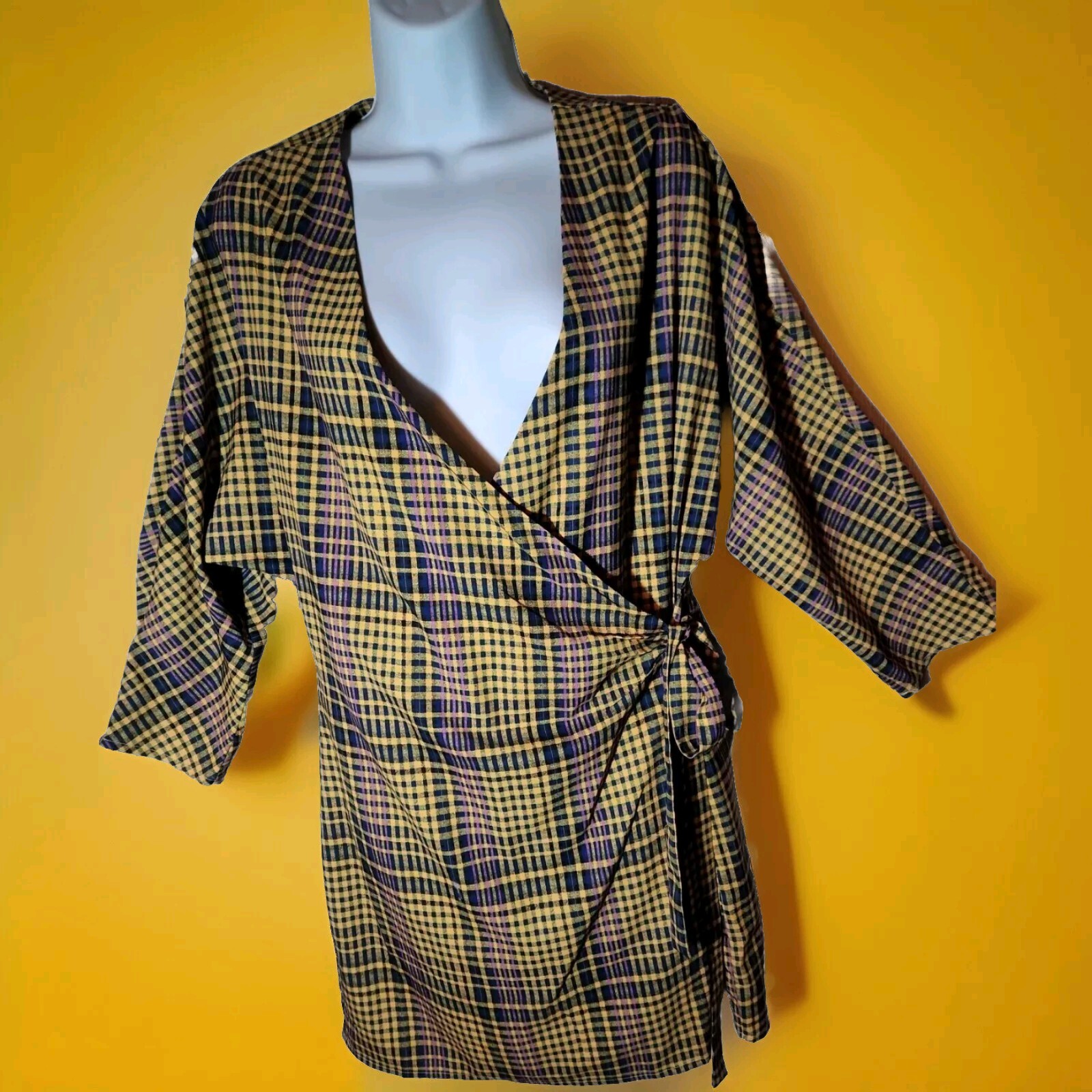 Lovers And Friends Yellow Blue Purple/Plum Plaid Wrap Around Dress S L