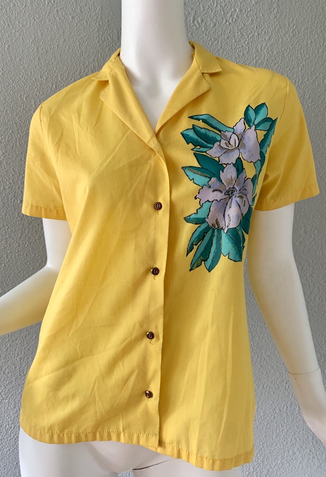 Vintage 70s Yellow Hand Painted Flower Boho Hippie Button Shirt Top M