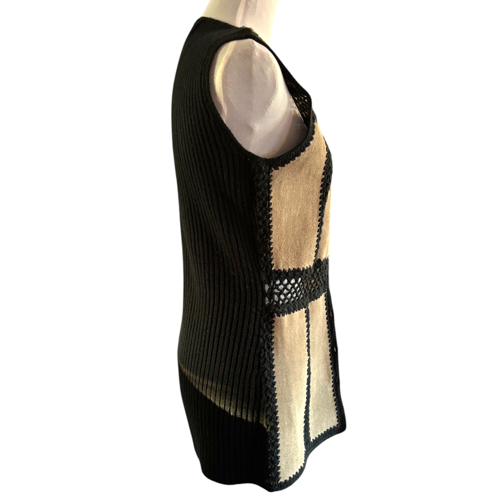 Tarri vtg 60s cream genuine leather and crochet button up sweater vest sz S