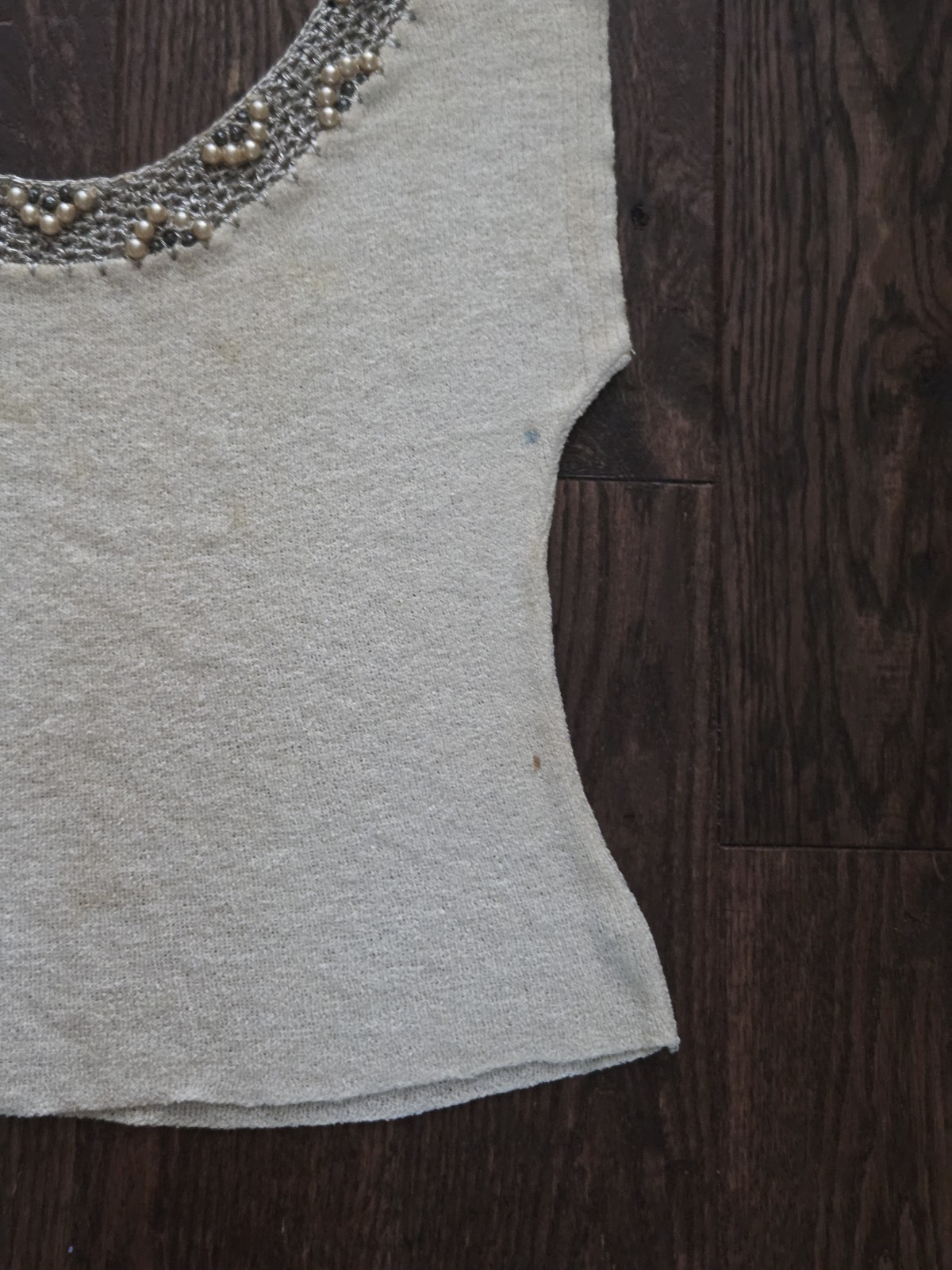 Boepple Creations Silk Knit Top Real Pearl Beaded Neckline Ivory Short Sleeve