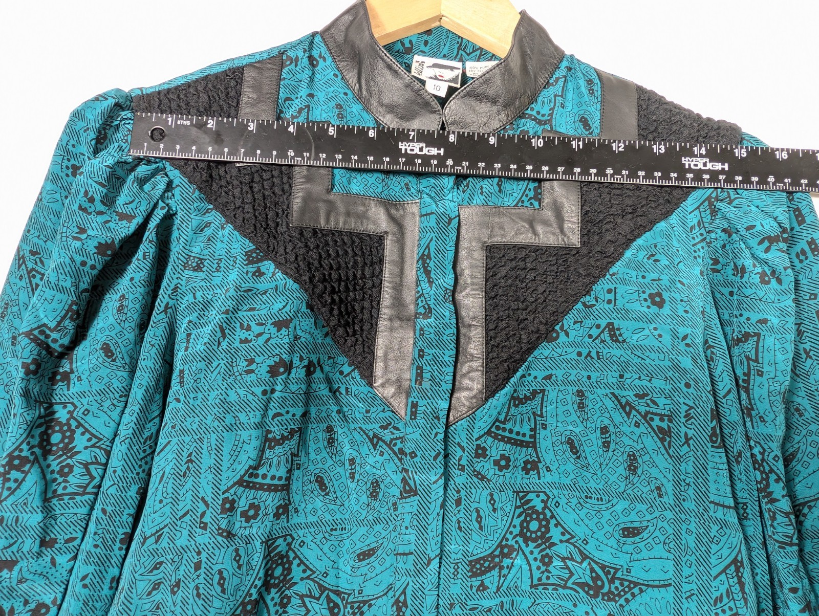 Vtg Bellino Paris 100% Silk Blouse Jacket 10 Teal Geometric Black Leather Trim