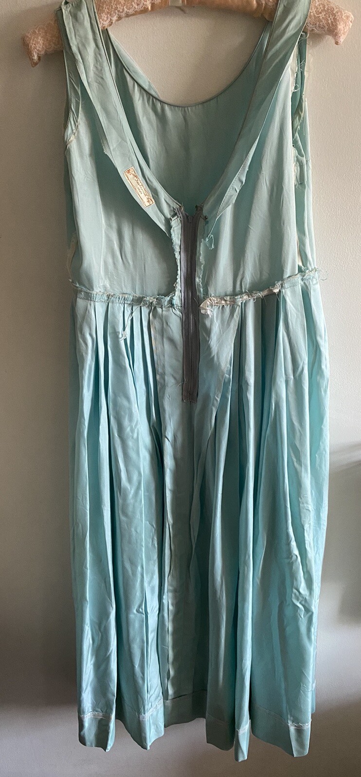 Vintage Pale Blue Dress Handmade Sleeveless Pleats Back Zipper 50” Maxi Large?