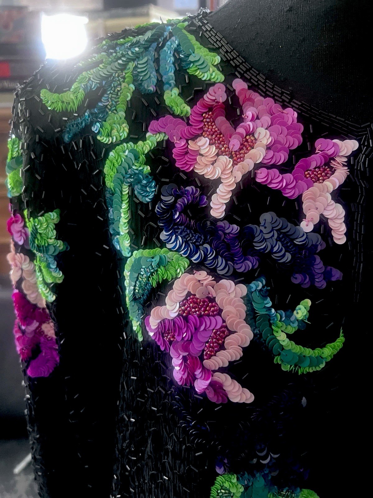 Stunning sequinned & CHAMANI beaded 80s open jacket top. Hook And Eye Closers