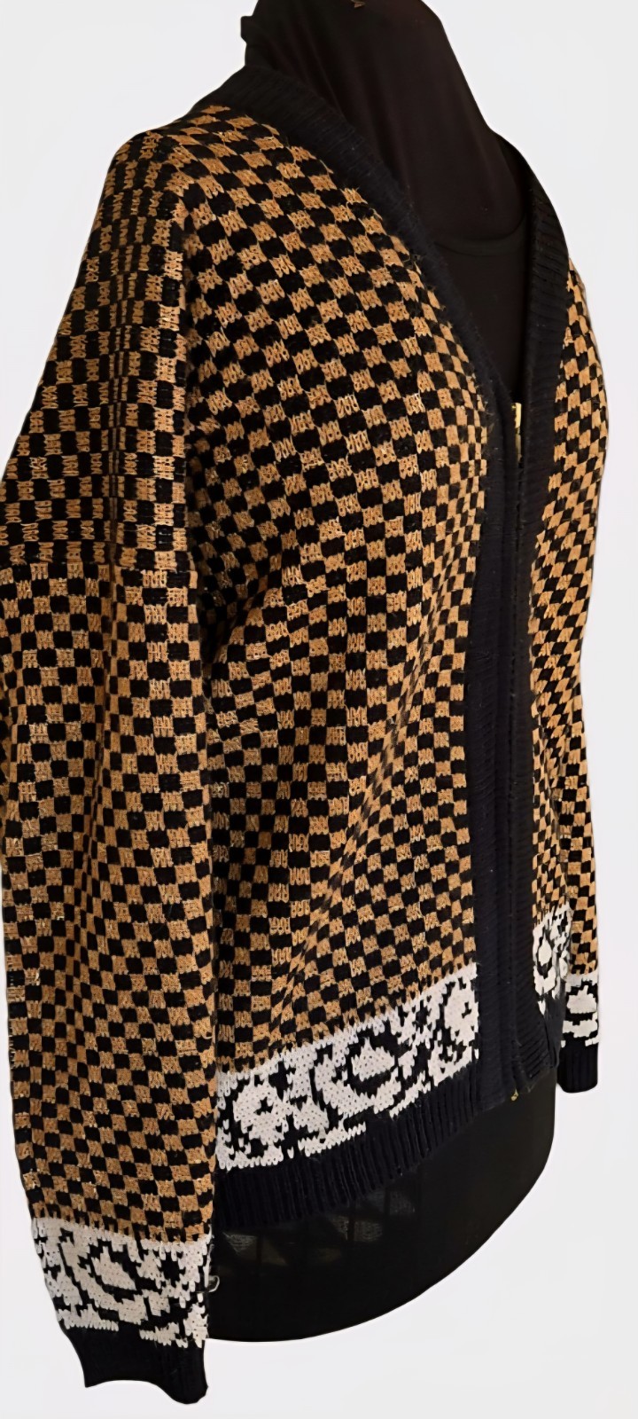 1980s GLADYS BAGLEY Metallic Gold And Black Checkerboard Cardigan Sweater Size M