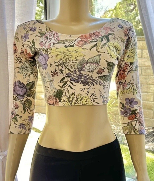 Vintage Judy Knapp California Floral Crop Top Size S Small 3/4 Sleeves