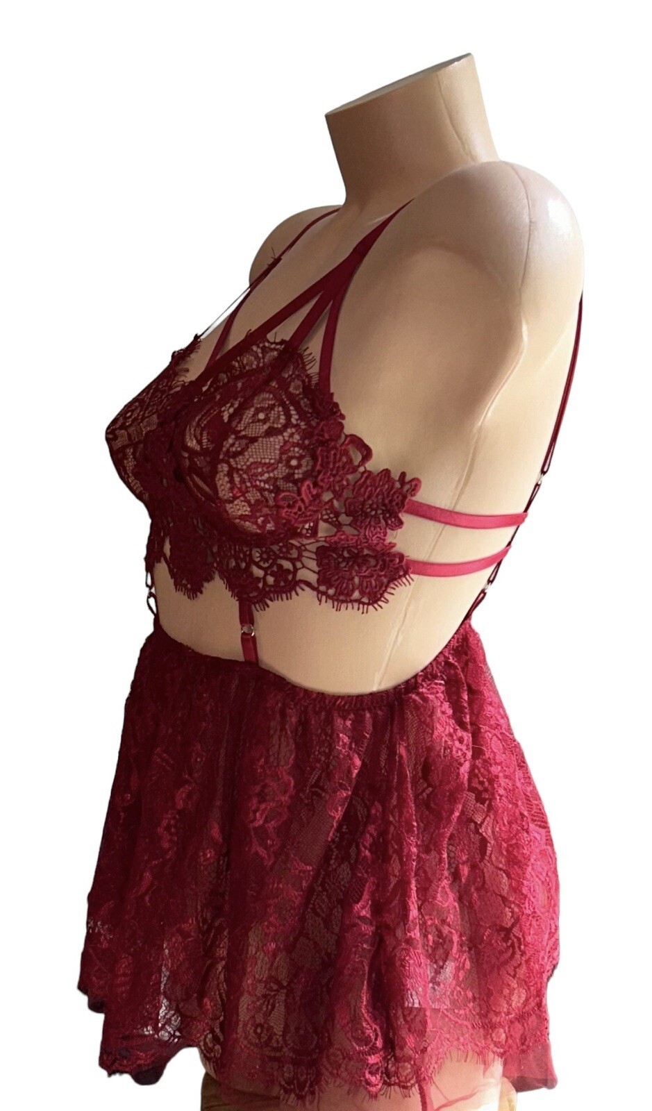 Avidlove Maroon Shiny Silky Lace Sheer Romper Nightie Women’s S NOS