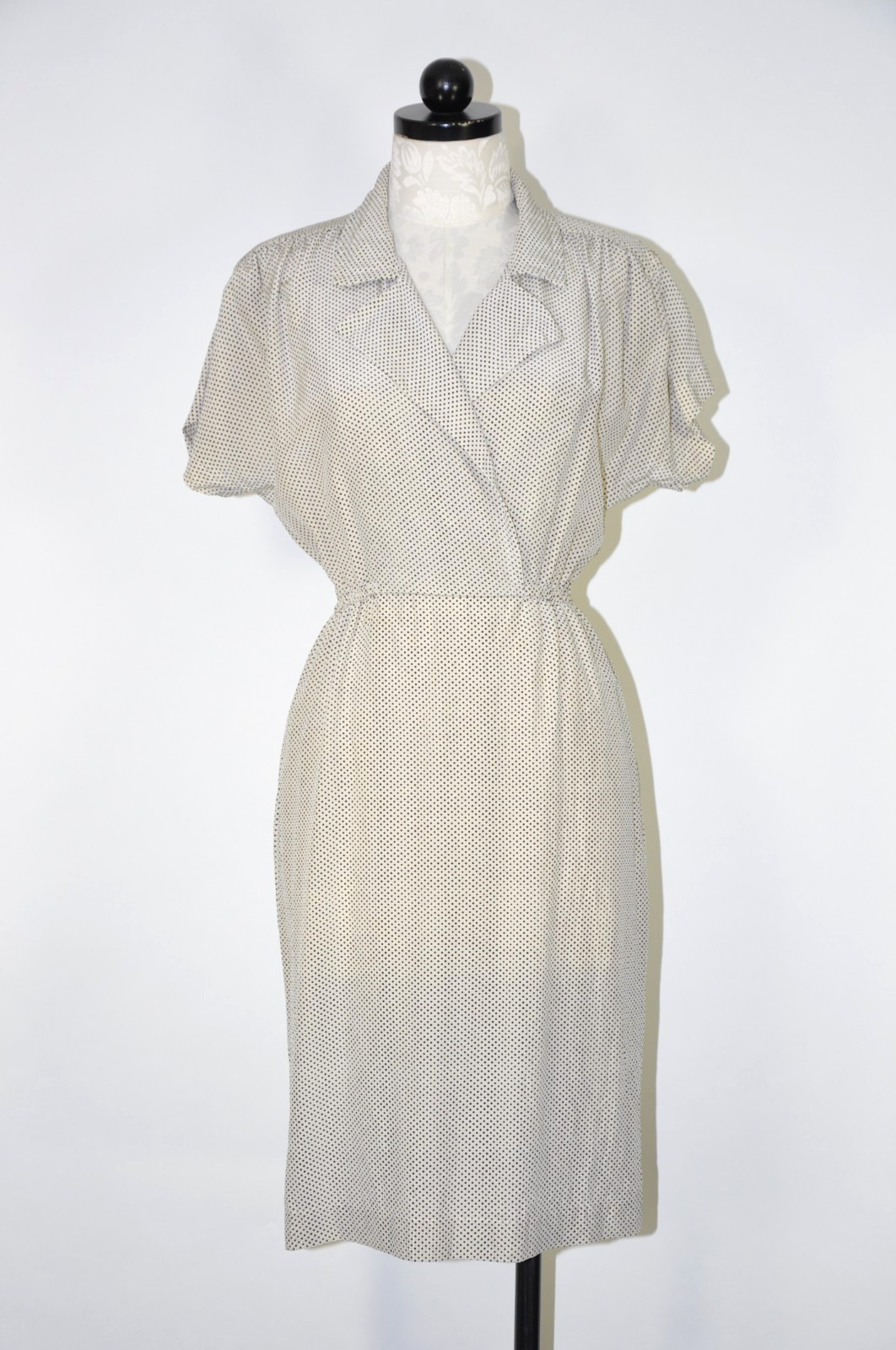 80s Vintage White Black Polka Dot Silk Short Sleeves Wrap Shirtdress Women S