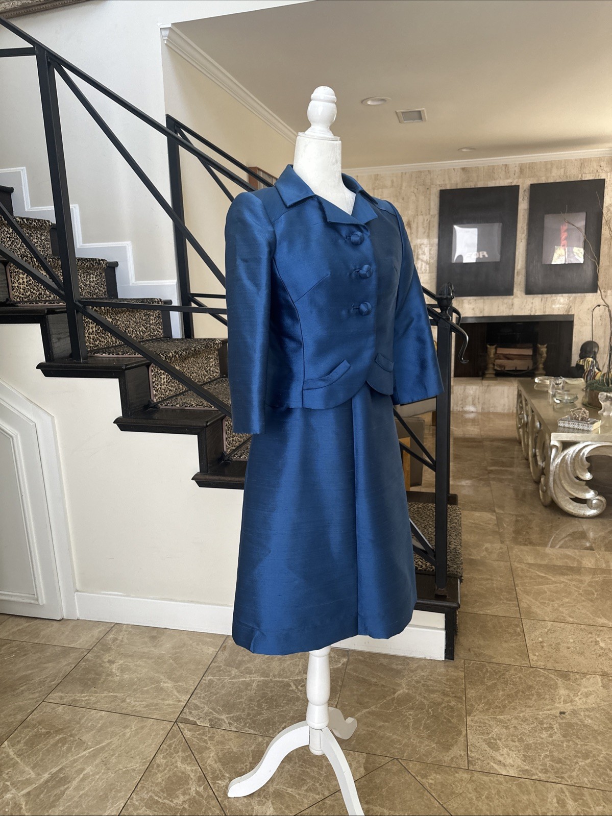 Hannah Troy VTG 50s Marine Blue Stiff Raw Silk Cocktail Dress Short Jacket S