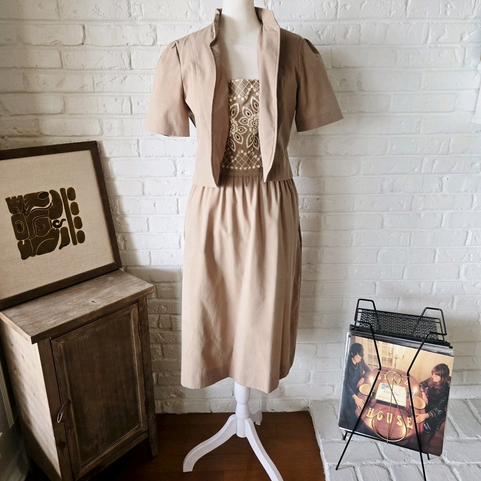 Vtg 70s Tan/Brown 2 Piece Set, Embroidered, Jacket & Dress, Union, M