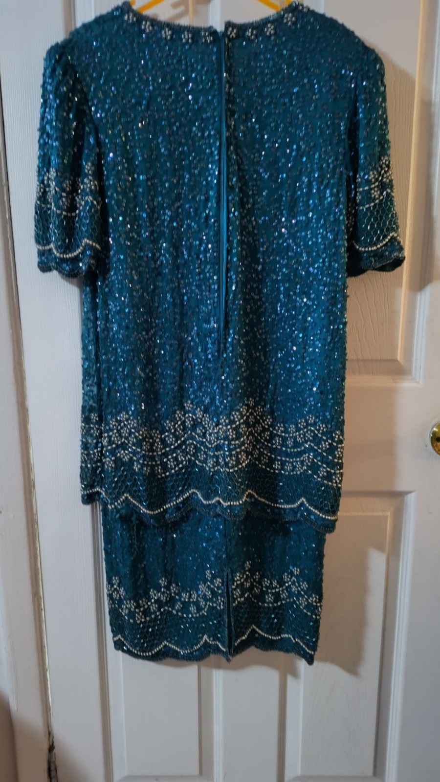 Vintage Victorian Silk Sequin Dress Size Sm 6/8 Embellished Emerald Green Peplum