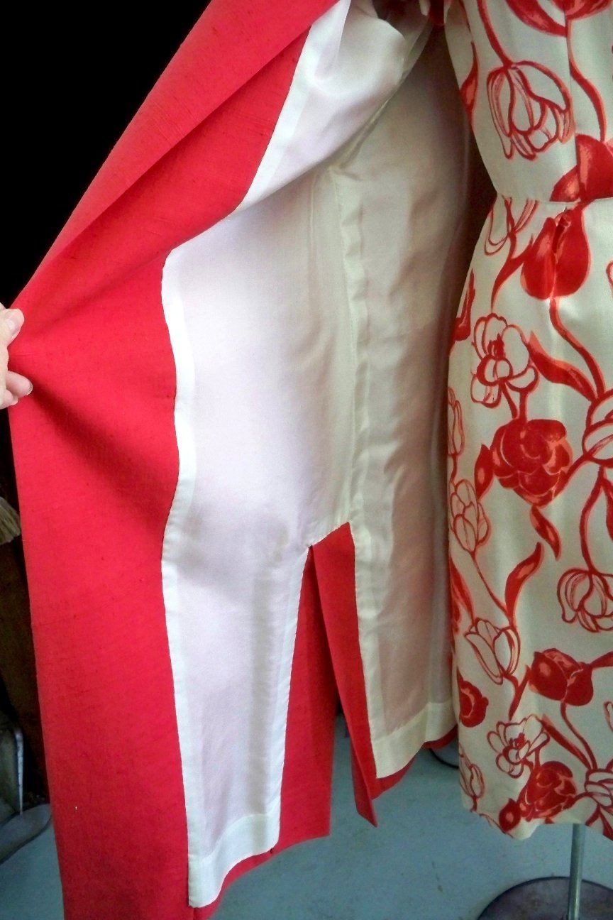 40s-60s Silk White w/ Pink Roses Dress w/ Deep Pink Coat
