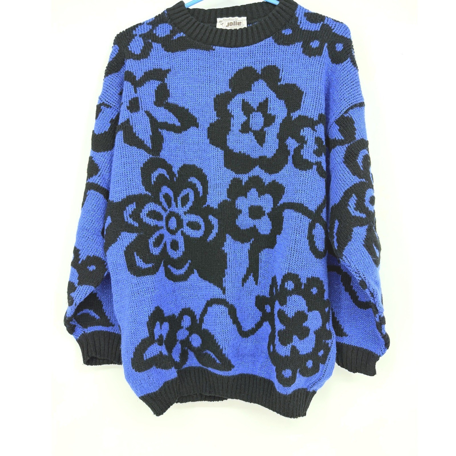 Vintage Jolie Floral Knit Sweater Blue Black Lurex Metallic Made in USA Womens