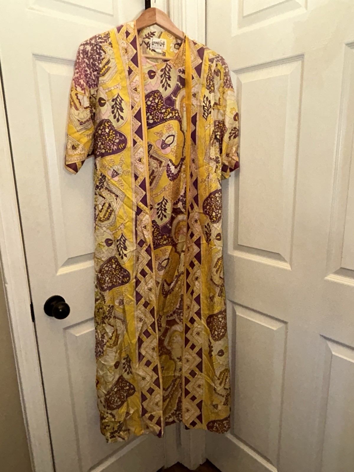 70s VINTAGE Lounge Craft Wrap Dress Hostess Kaftan Attached Jacket Maxi UNION