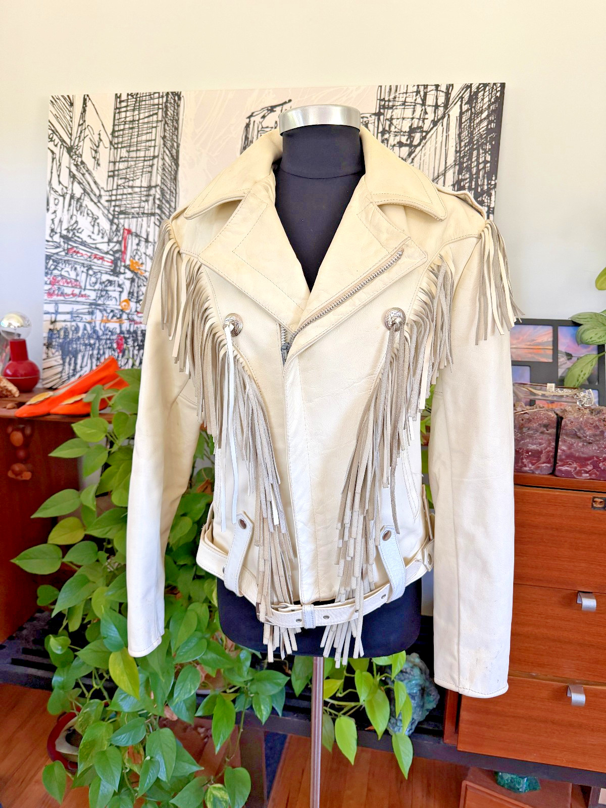 Vintage Biker Jacket Park V White Leather Fringe Motorcycle 36 1980s Moto Thrash