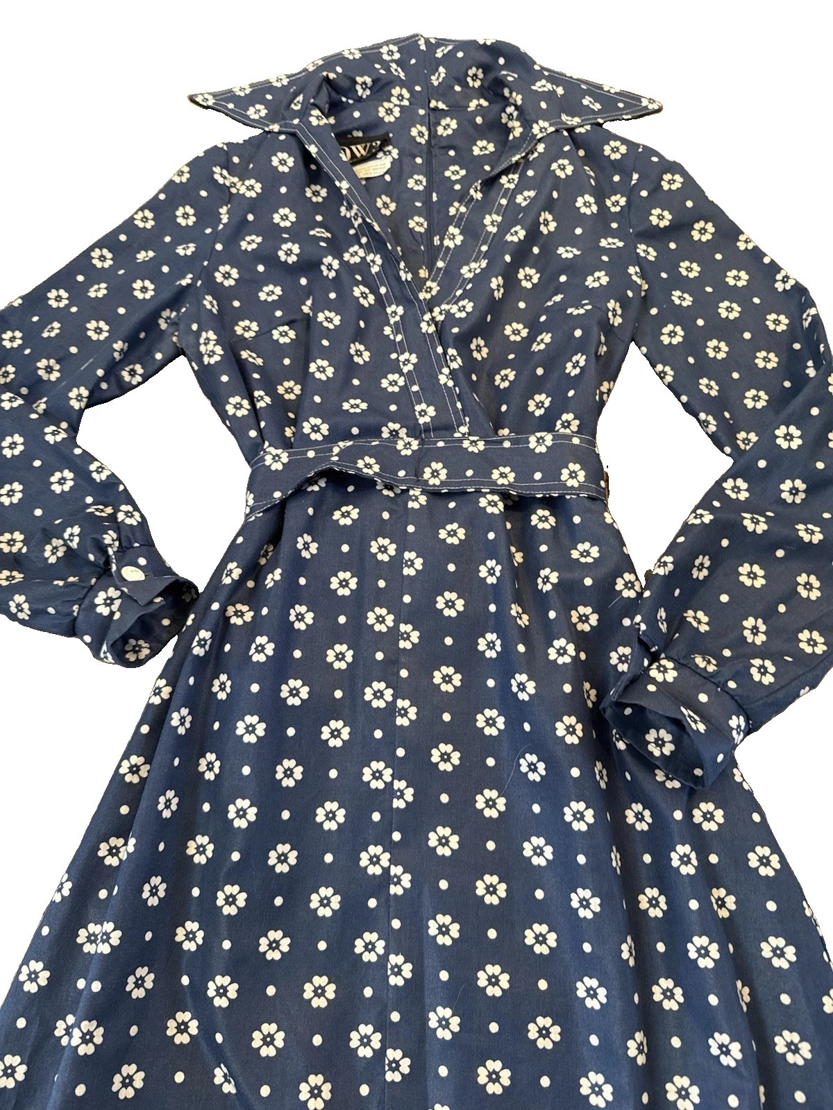 Vintage 1970s DW3 David Warren Collared Dress Navy & White Floral Belted Sz S/M