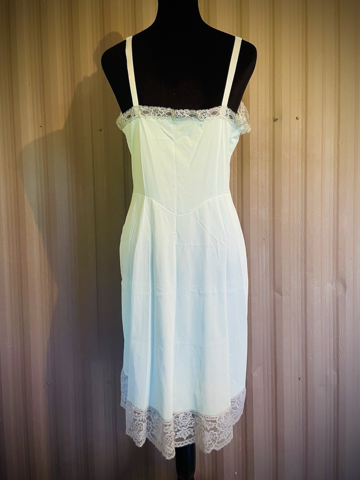 VTG 70s Sears Slip Dress Nightgown Sea foam Green Babydoll Nylon Lace Lingerie