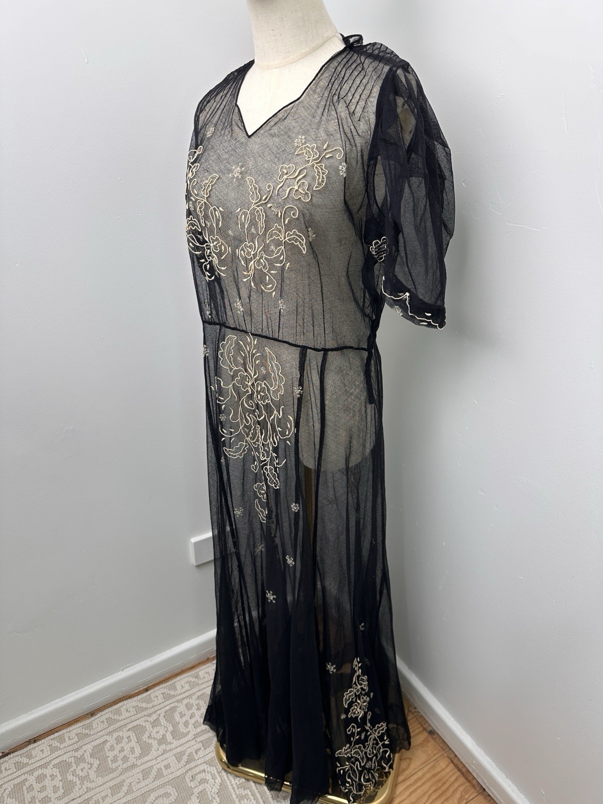 Edwardian Antique Size M 1910s 1920s Black Lace Dress Embroidered Netting Sheer