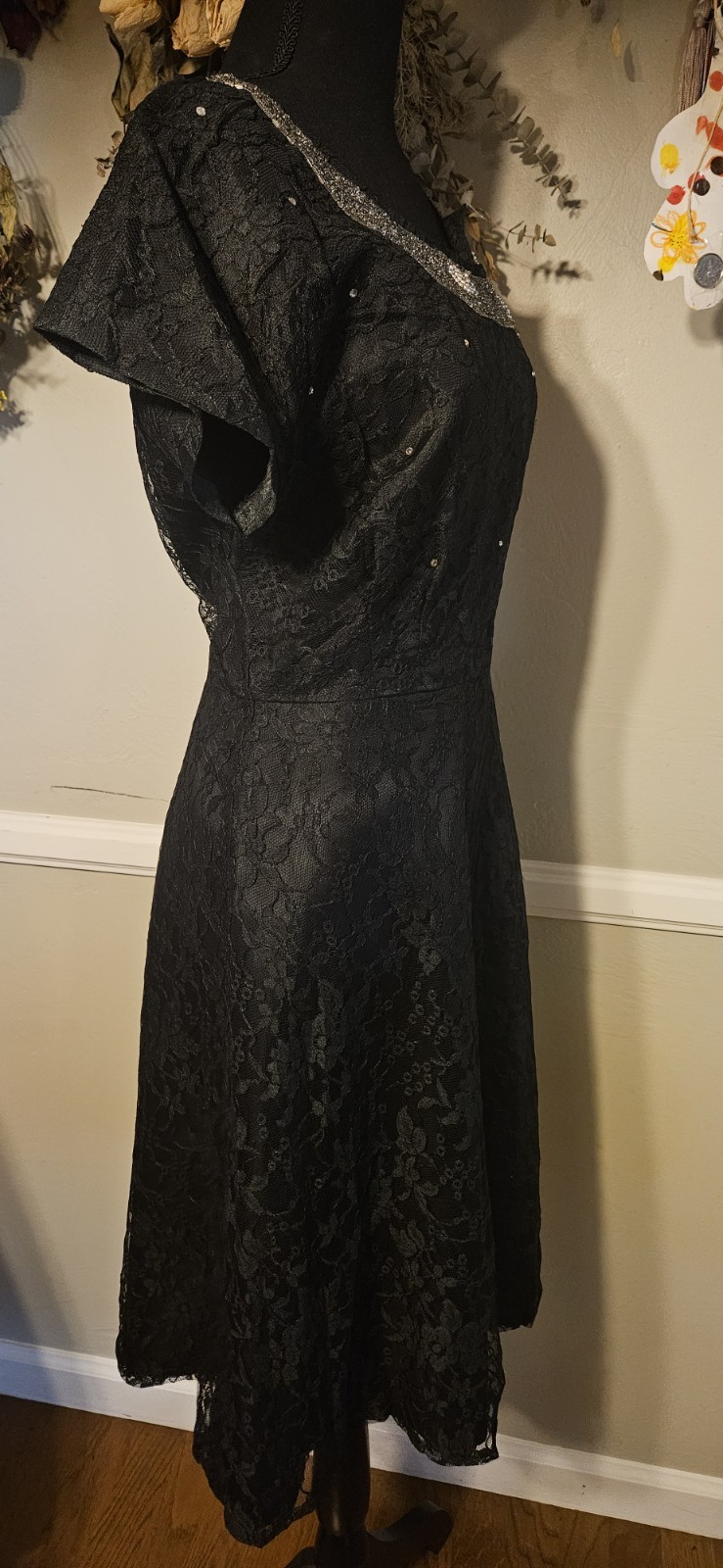 Vintage 1940s Black Lace Party Dress With Heavy Beading On Neckline