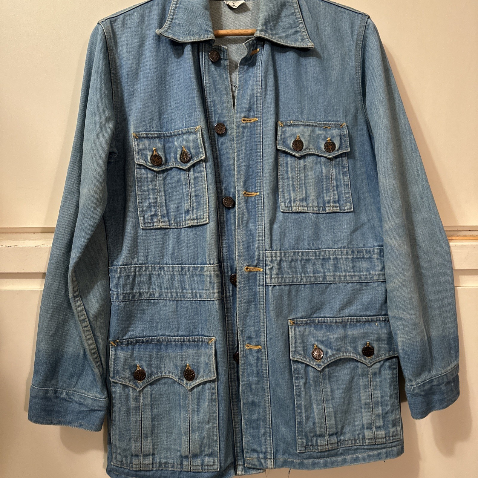 Vintage 60s 70s Womens Denim Blue Jean Mod Hippy Boho, Safari Coat Jacket