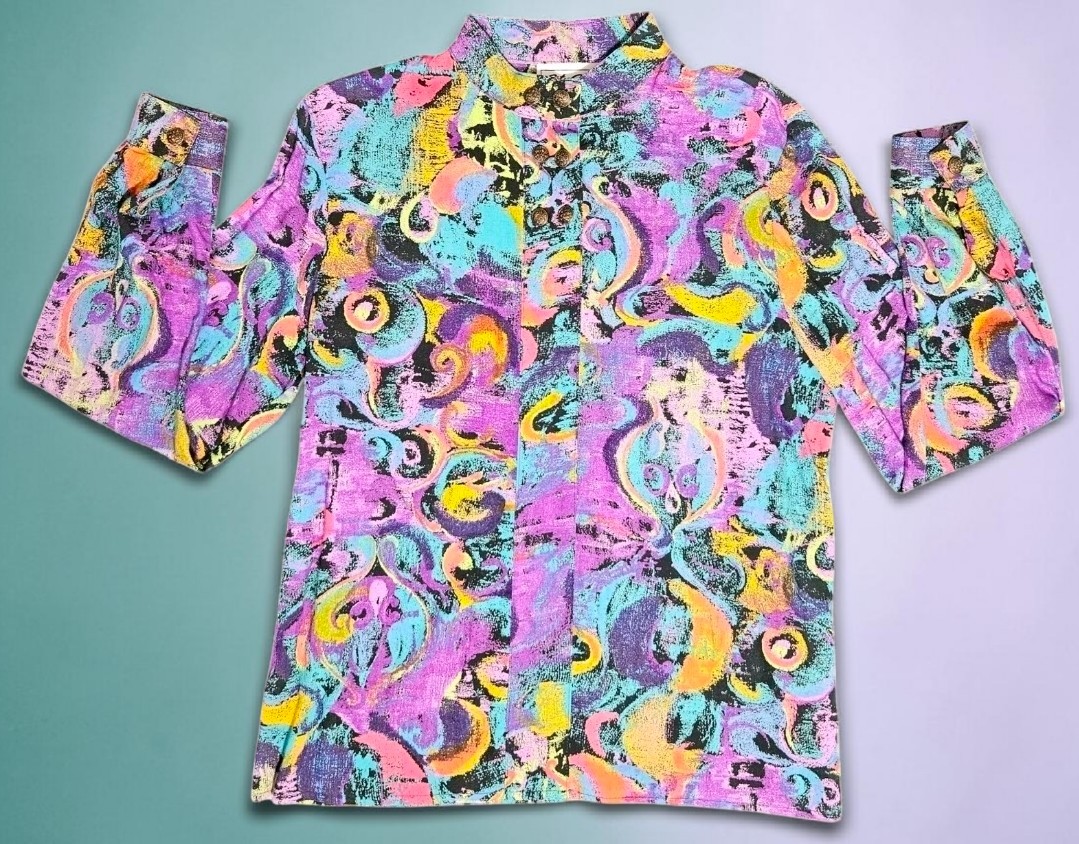 80s 90s City Girl Abstract Blouse Top Multicolor Womens 6 USA Long Sleeve Rayon