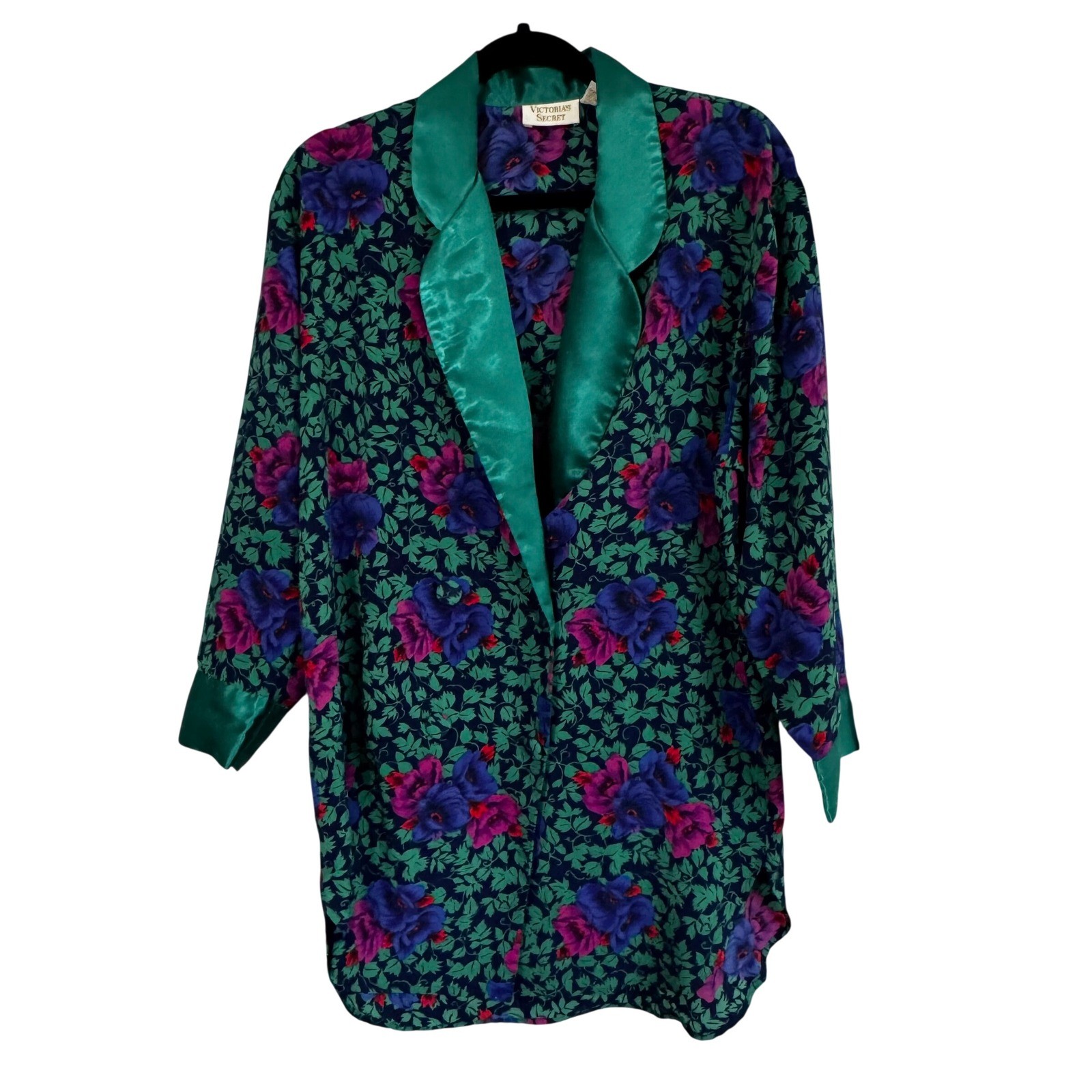Vintage Victorias Secret Floral Satin Sleep Shirt Robe Teal Small Romantic 90s